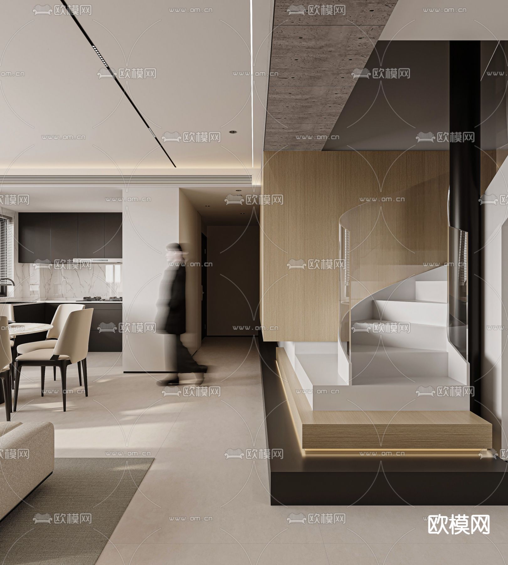 黑白灰客厅 餐厅3d模型下载（渲染图3）