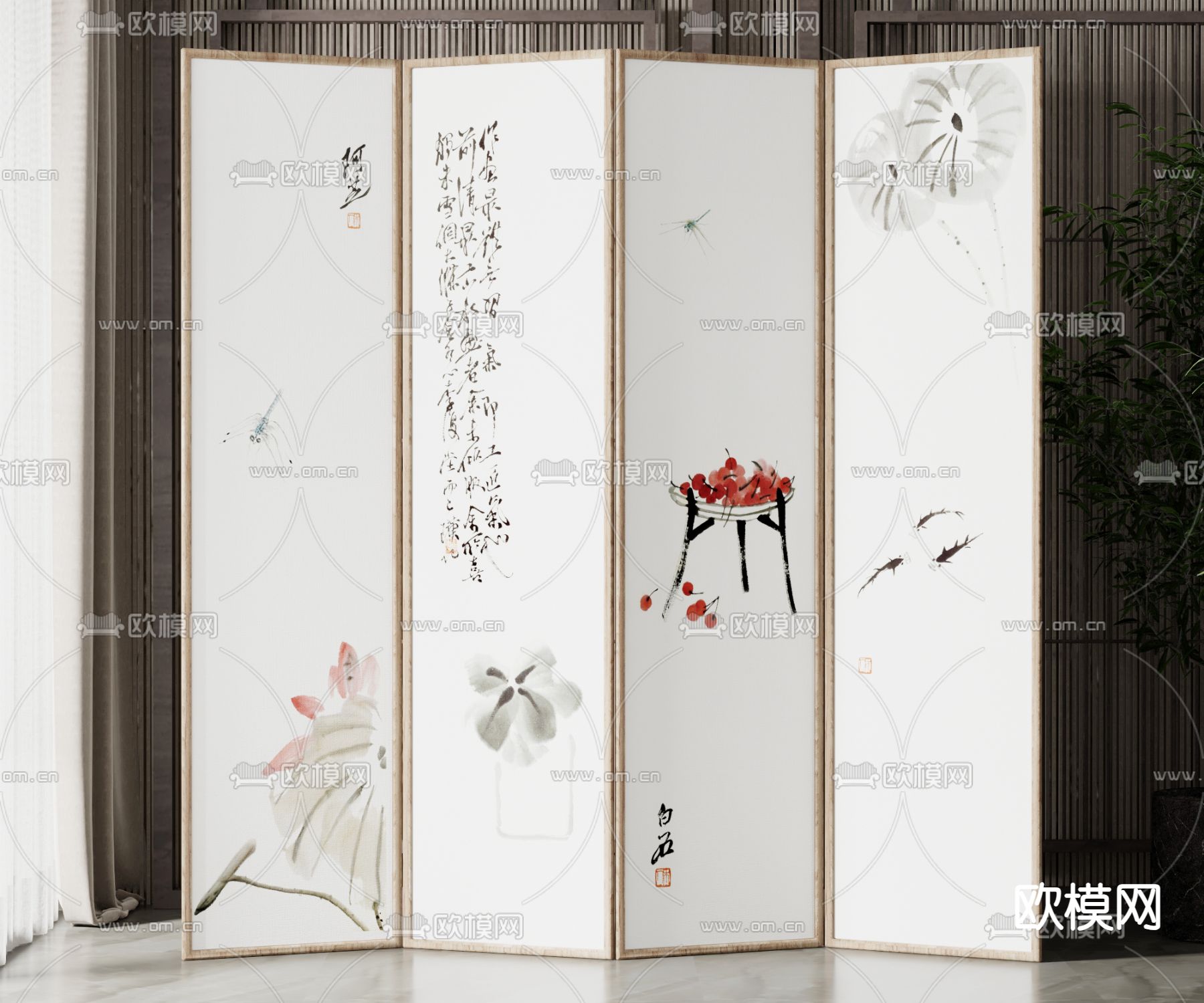 新中式屏风 隔断su模型下载（渲染图1）