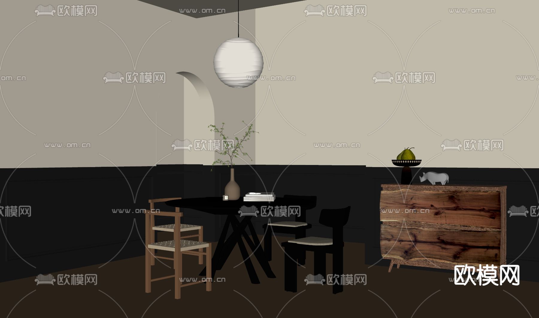 中古风餐桌椅su模型下载（渲染图2）