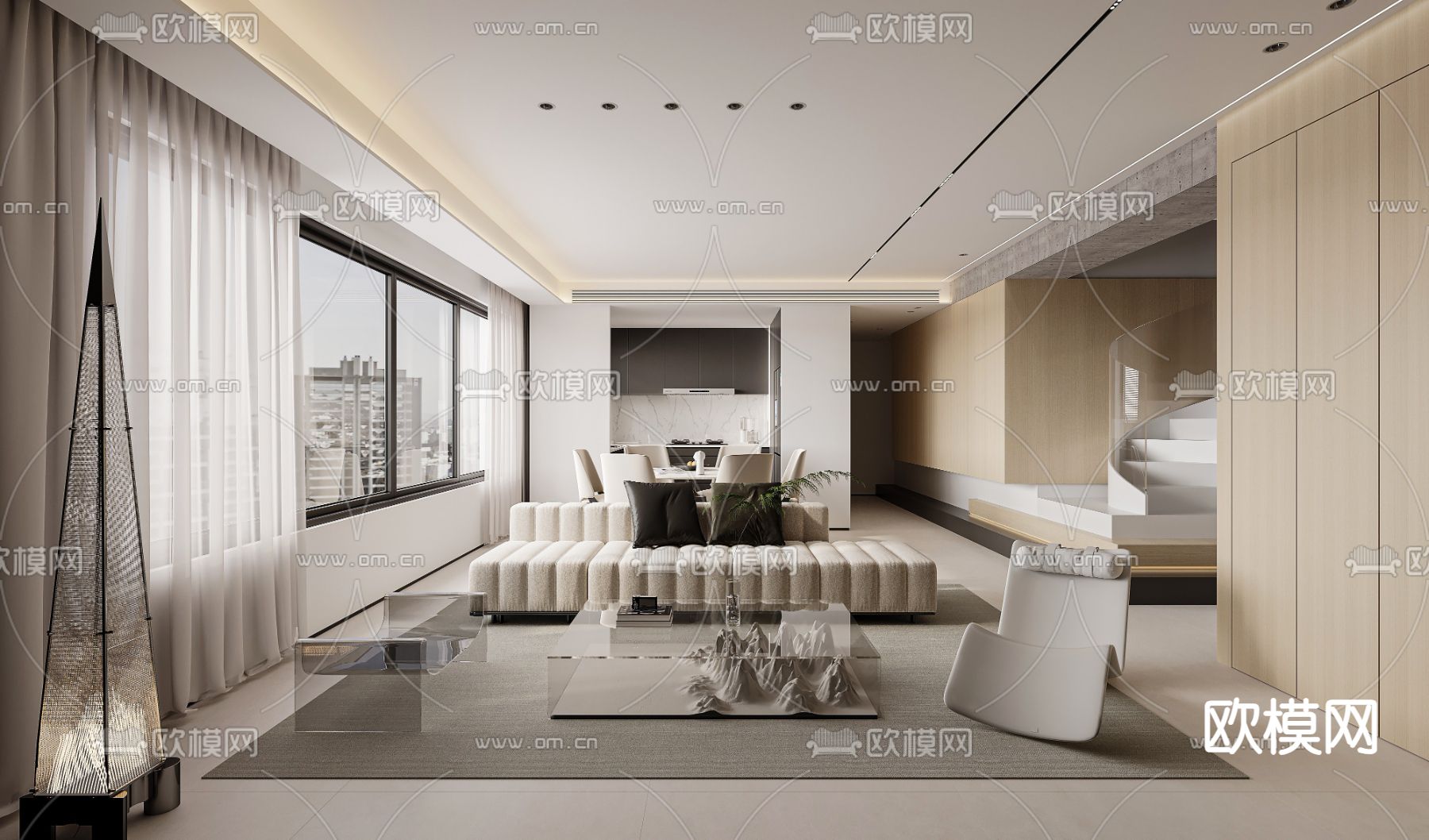 黑白灰客厅 餐厅3d模型下载（渲染图1）