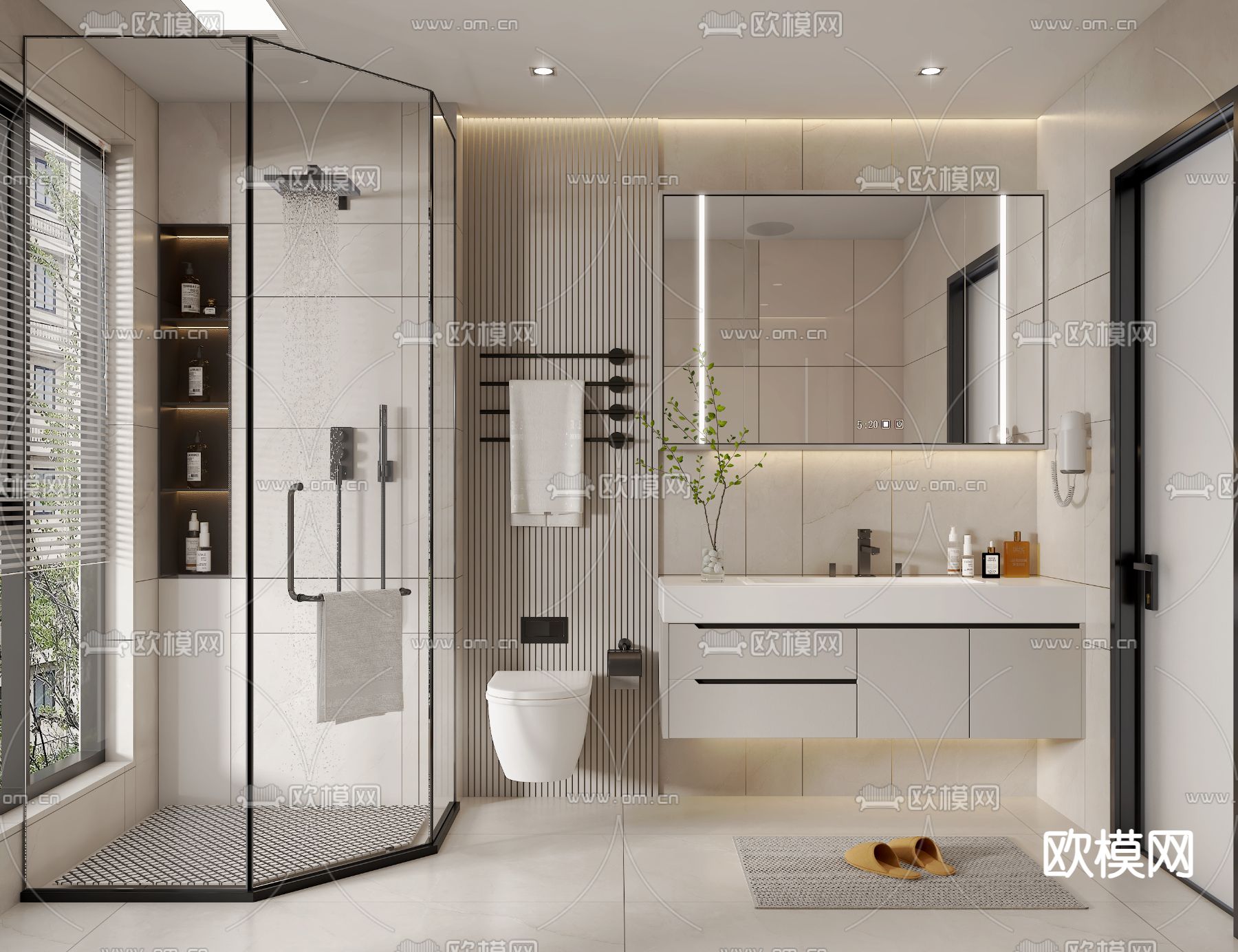 奶油风卫生间 浴室 洗手间su模型下载（渲染图1）