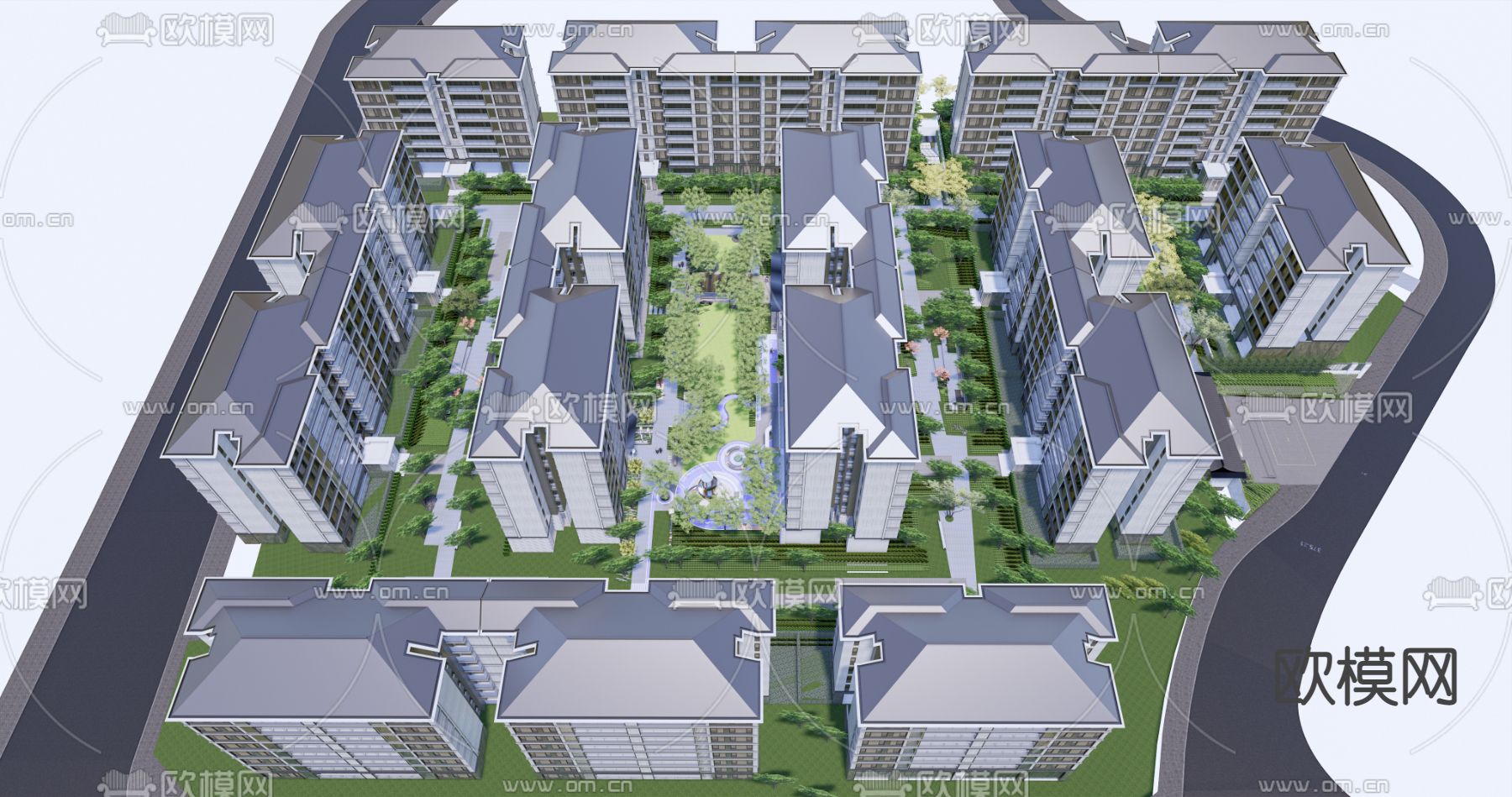 新中式住宅小区鸟瞰su模型下载（渲染图1）