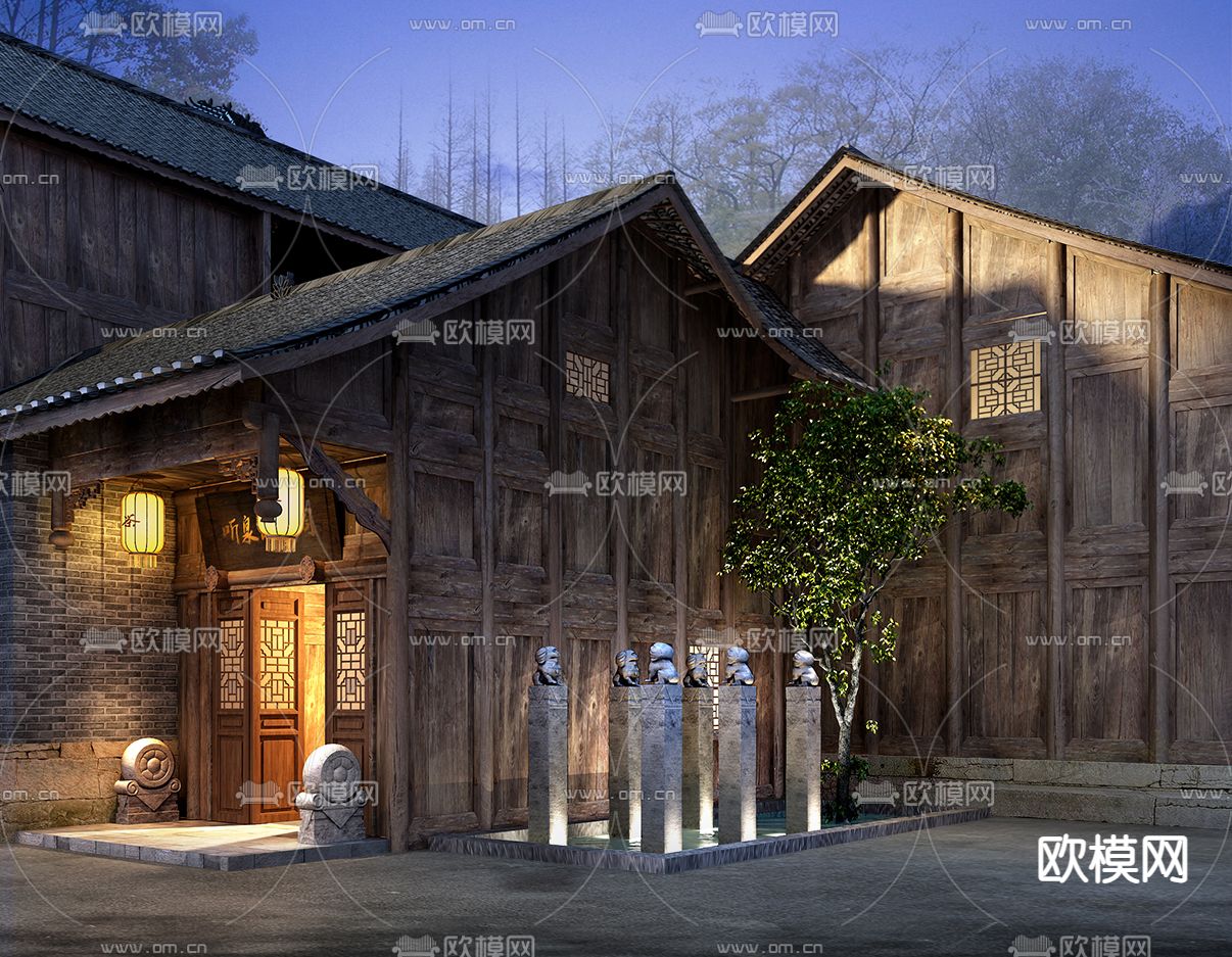 中式民宿 农庄 中庭3d模型下载（渲染图3）