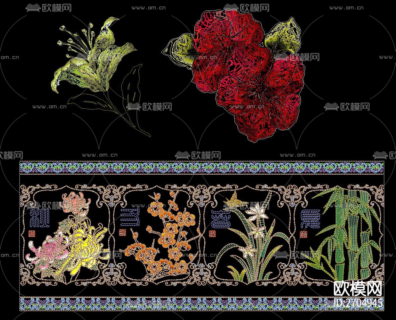 古典中式元素图案花纹天官赐福cad图库下载（渲染图3）