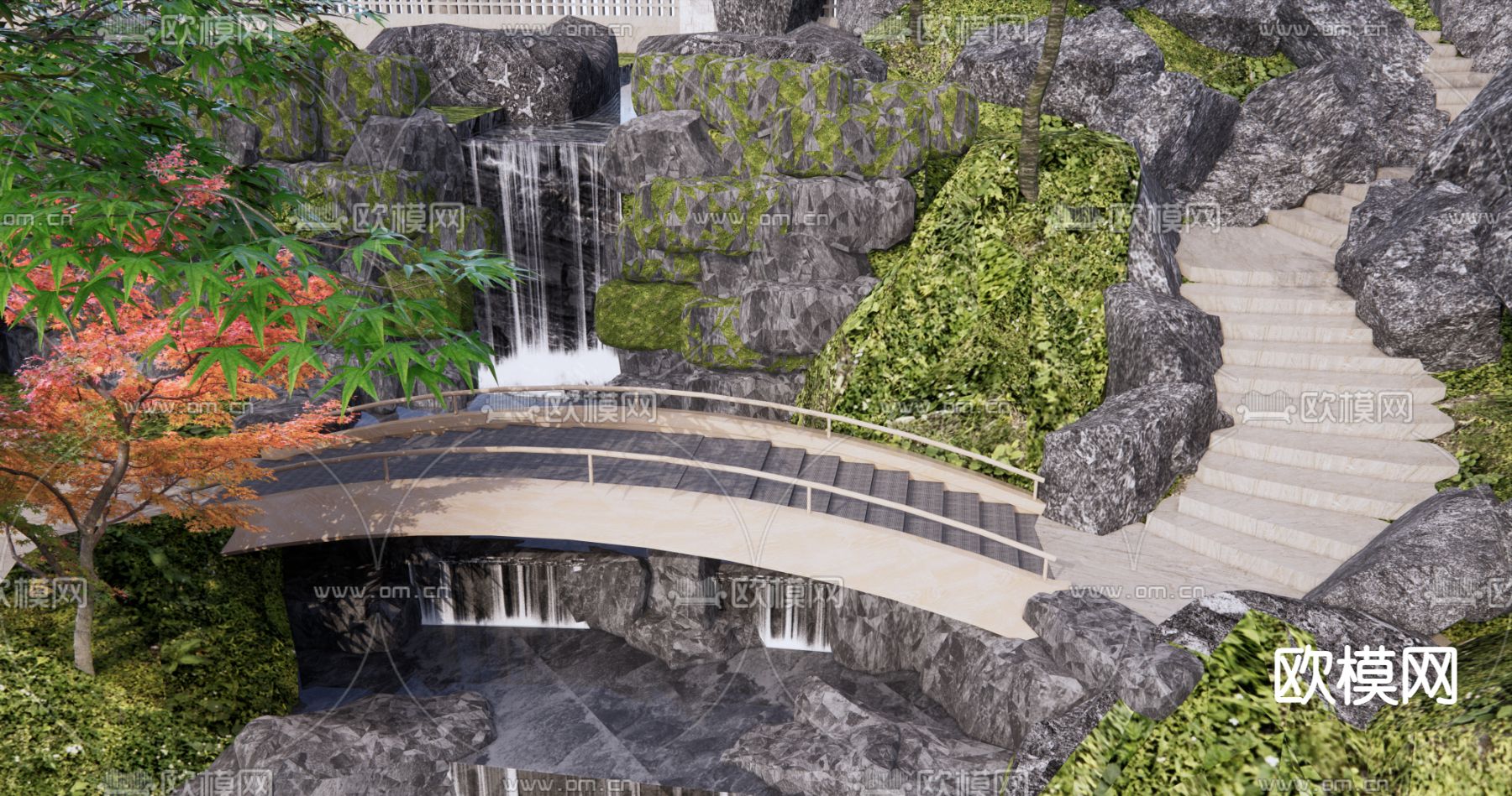 新中式假山瀑布 拱桥景观su模型