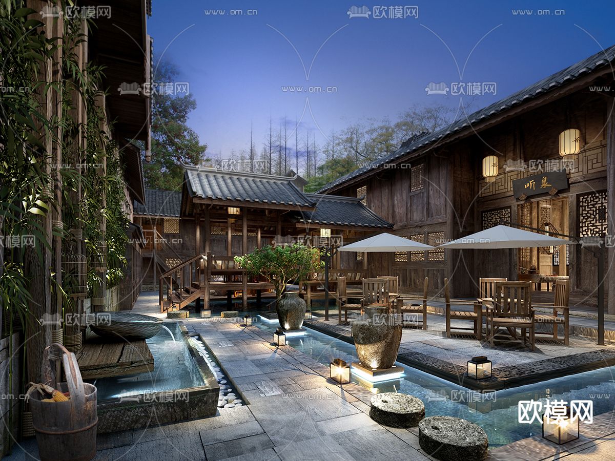 中式民宿 农庄 中庭3d模型下载（渲染图2）