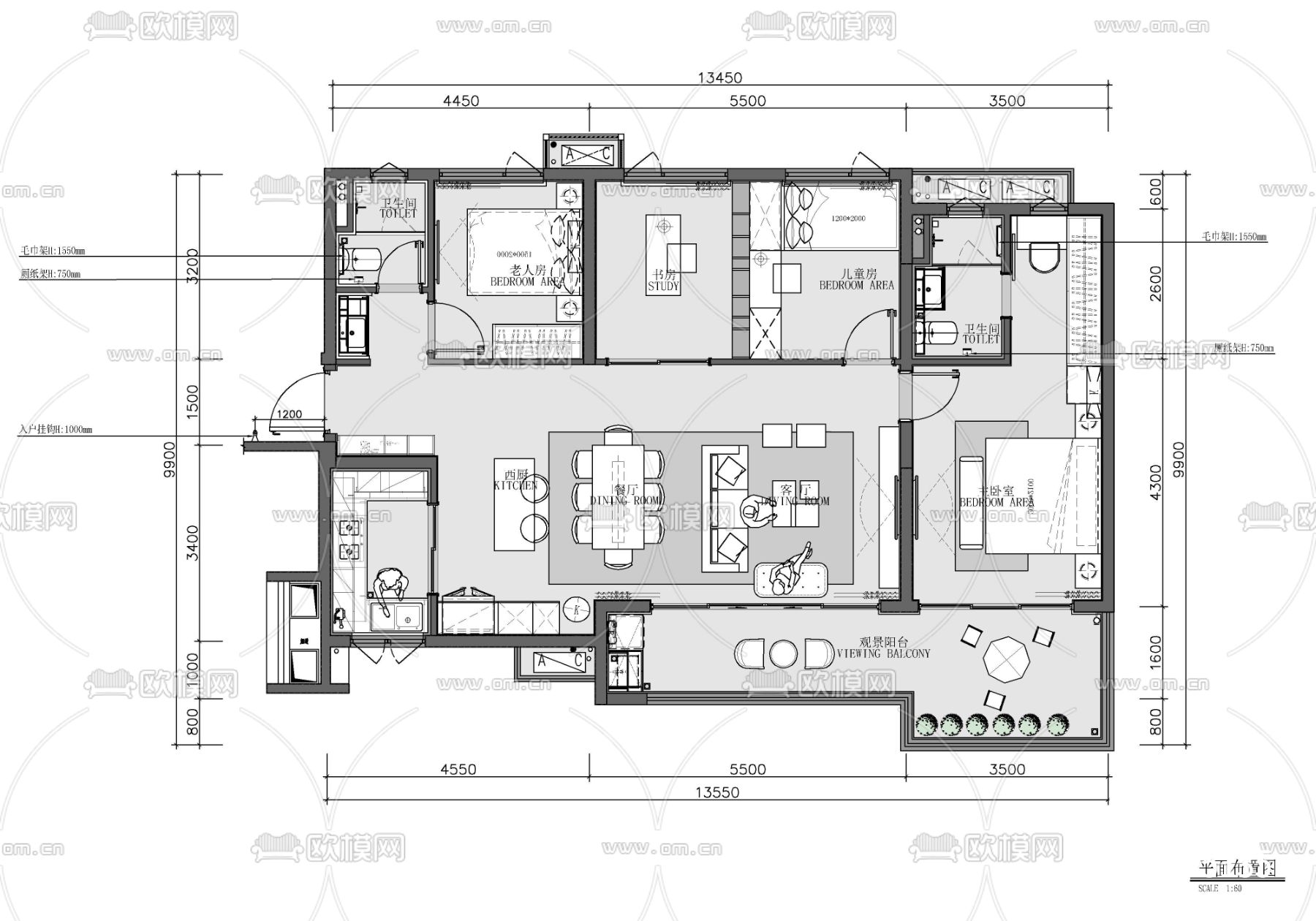 样板房cad平面图下载（渲染图1）