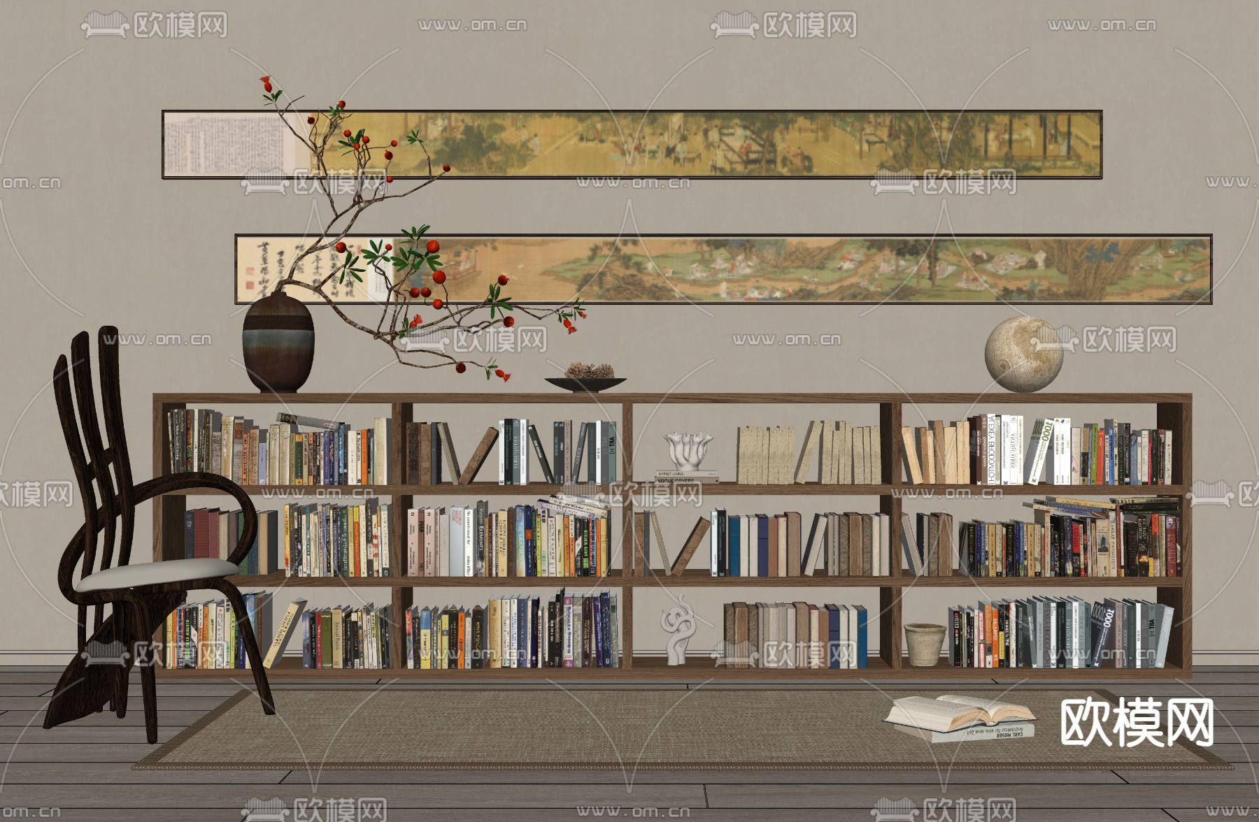侘寂书柜 书籍su模型下载（渲染图2）