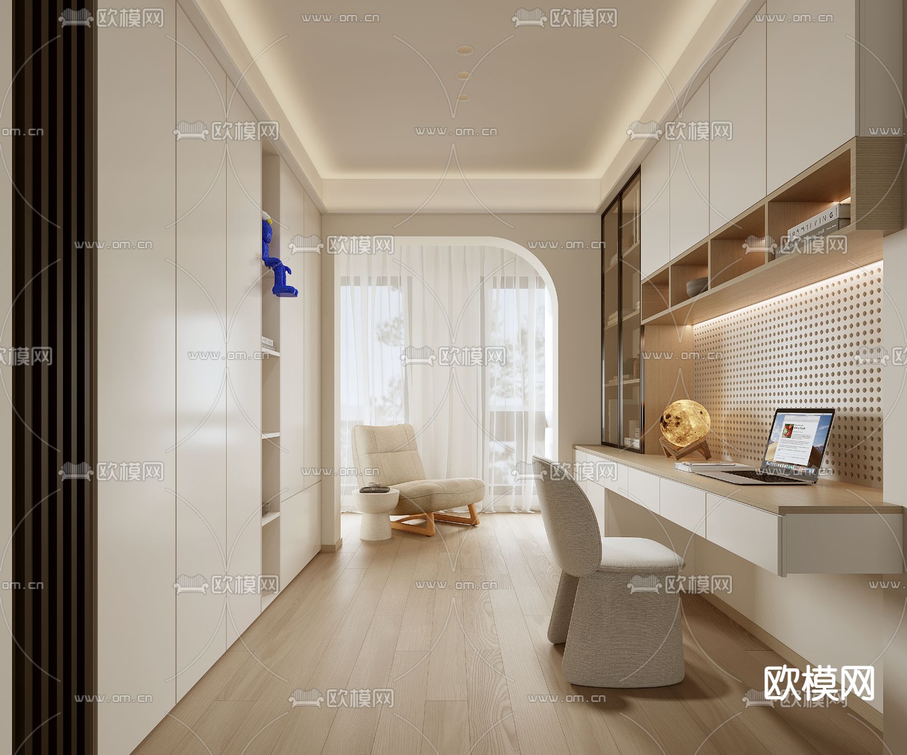 奶油风书房su模型下载（渲染图1）