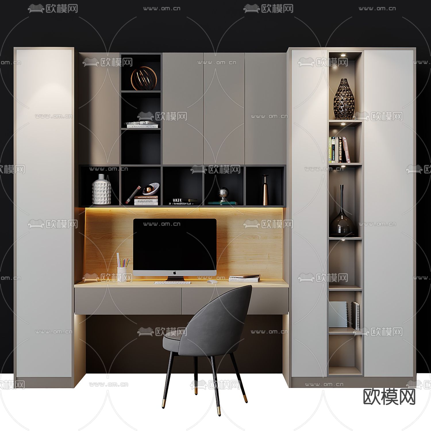 高级灰书桌 书台3d模型下载（渲染图1）
