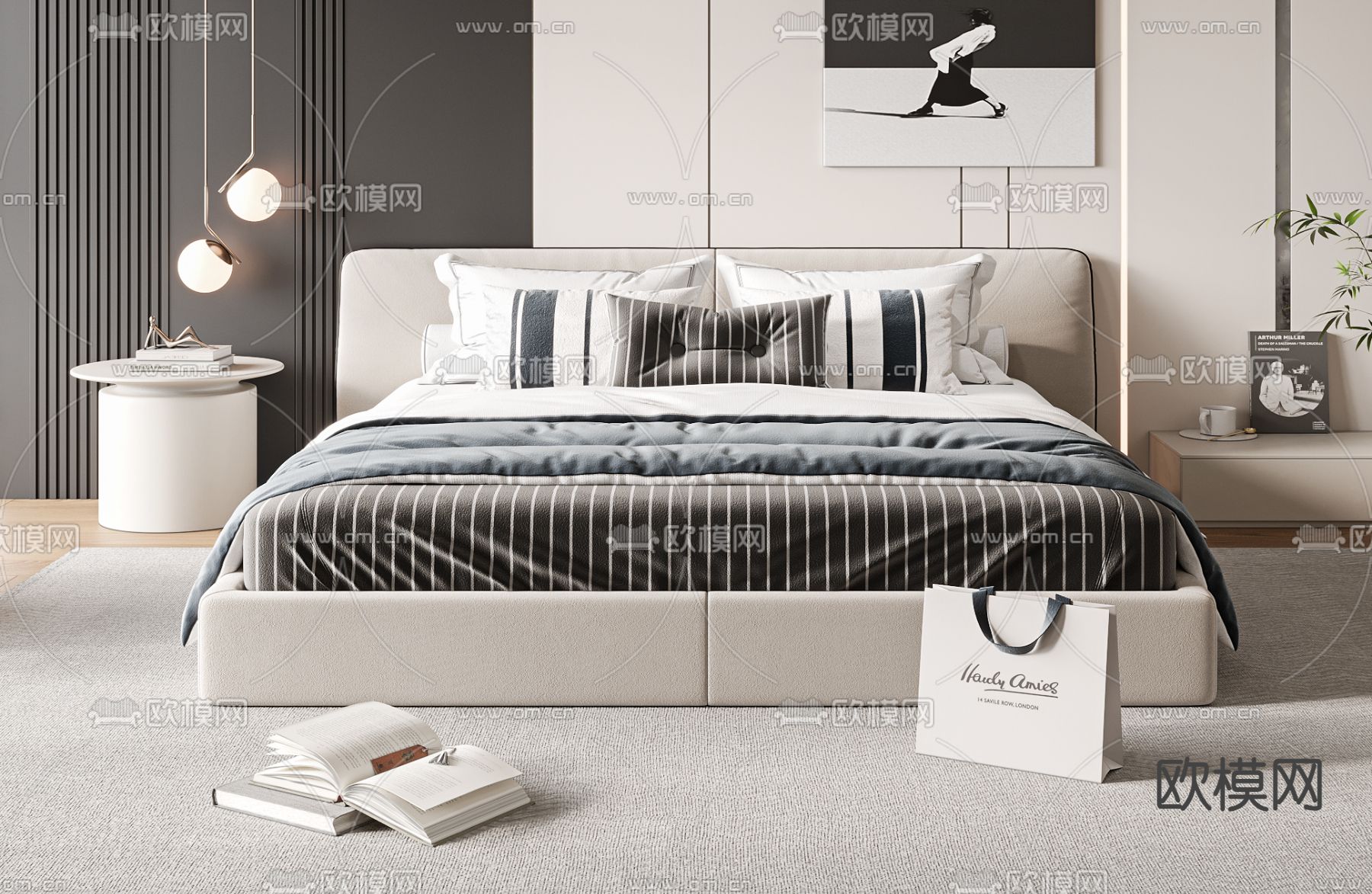 高级灰双人床 卧室床3d模型下载