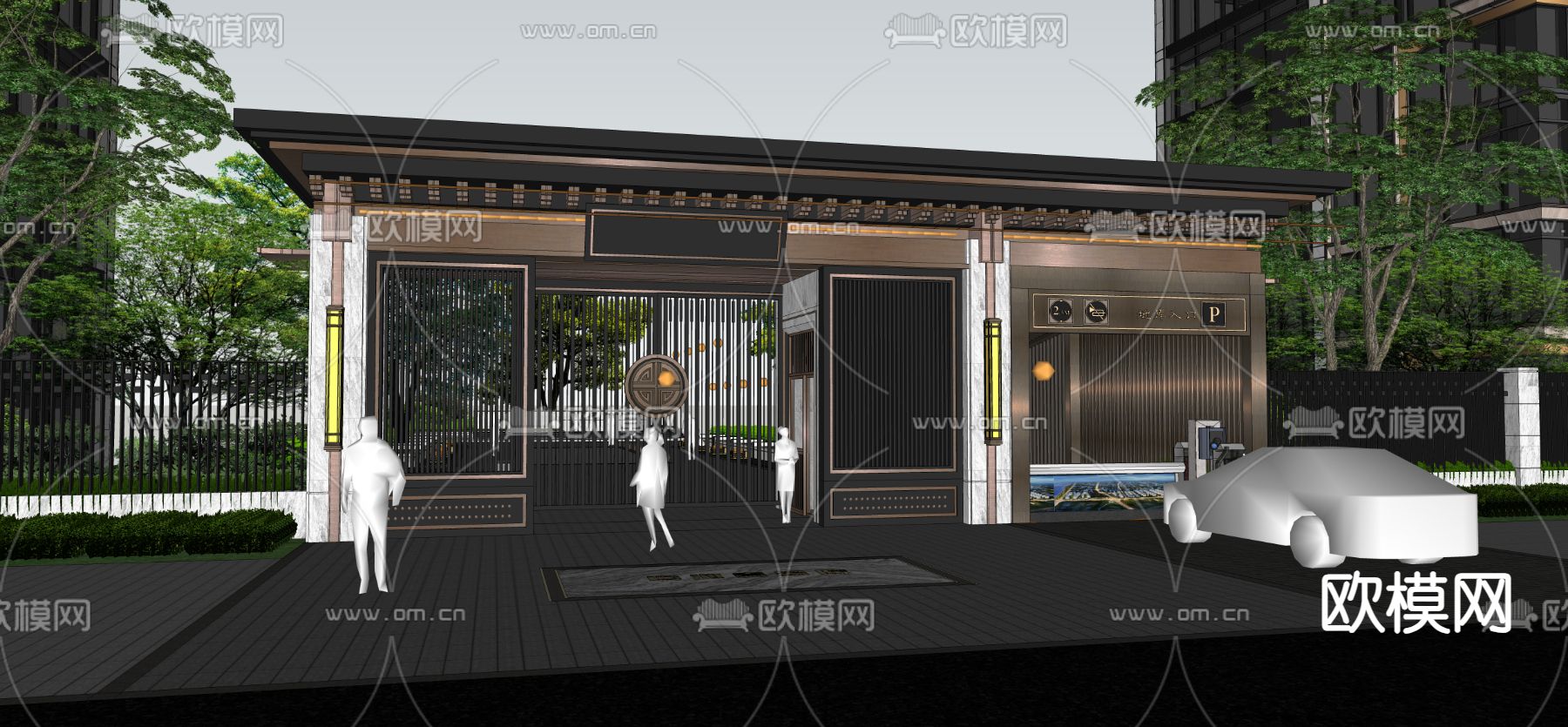 小区入口门楼 地库入口su模型下载（渲染图2）