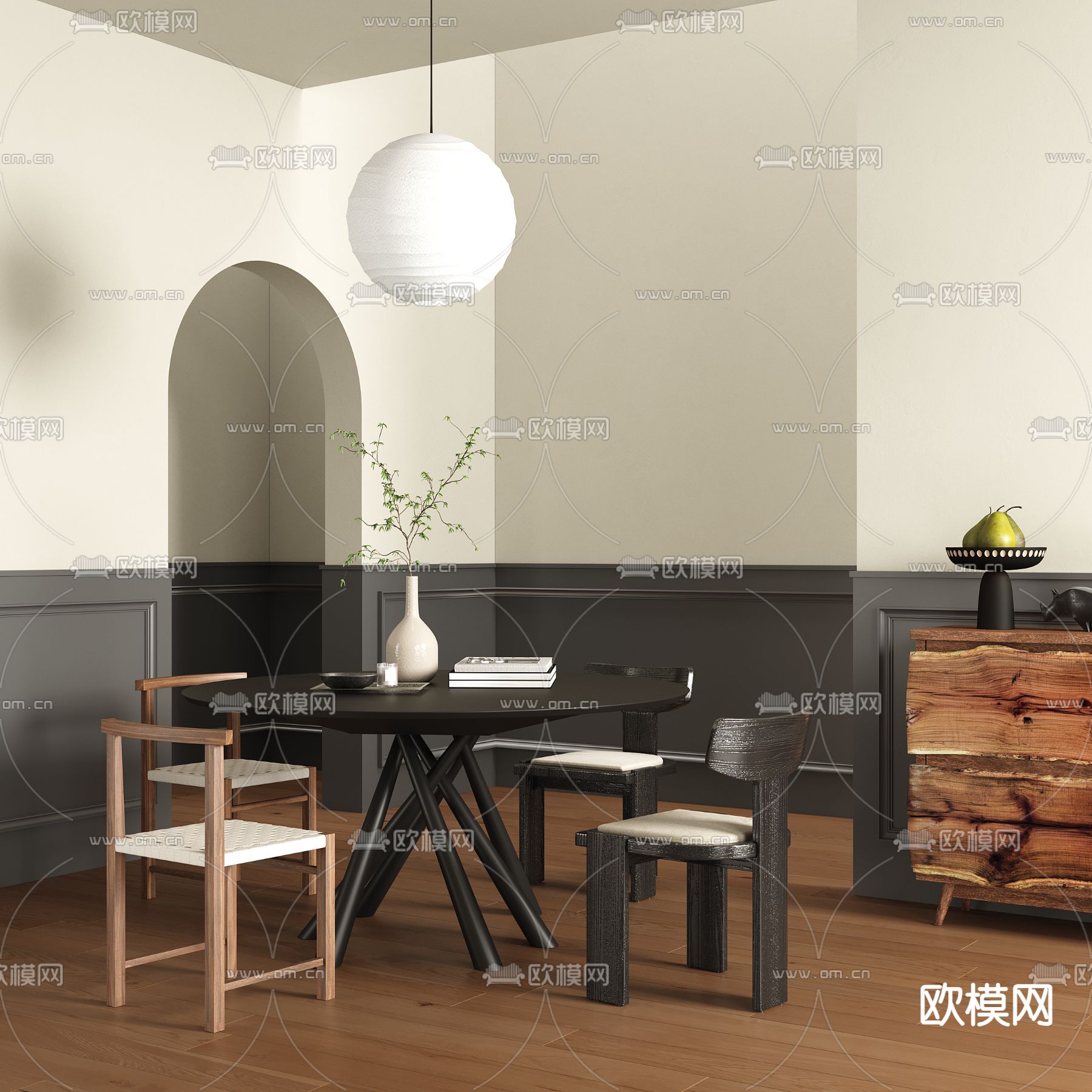 中古风餐桌椅su模型下载（渲染图1）