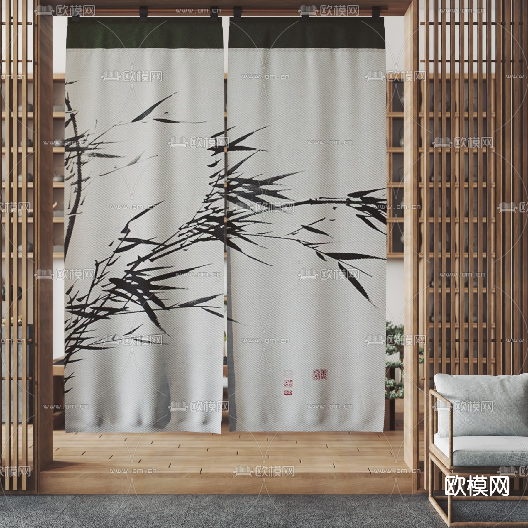 新中式门帘 布帘3d模型下载