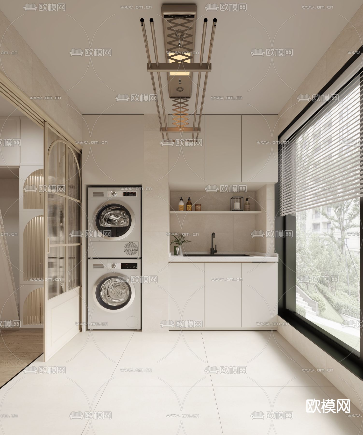 奶油风阳台 洗衣房3d模型下载