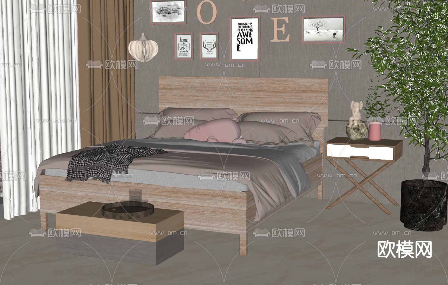 北欧双人床su模型下载（渲染图2）