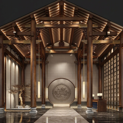  新中式酒店大堂su模型 