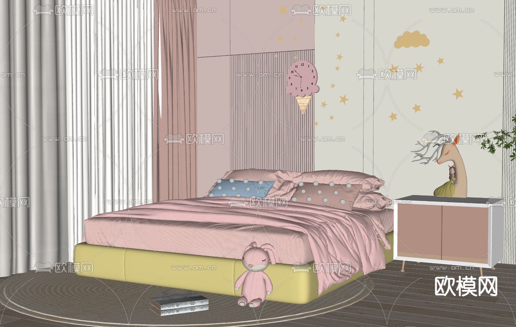 现代儿童床su模型下载（渲染图2）
