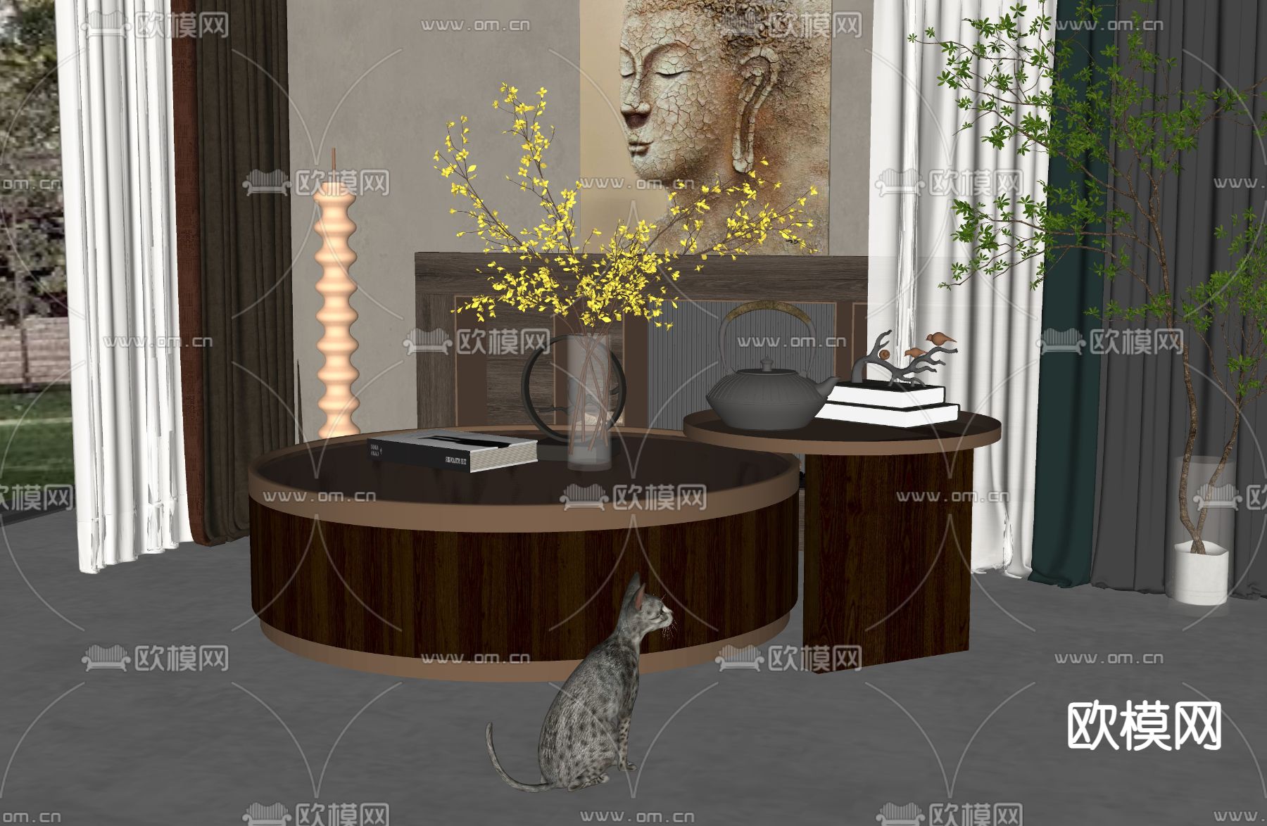 新中式茶几su模型下载（渲染图2）