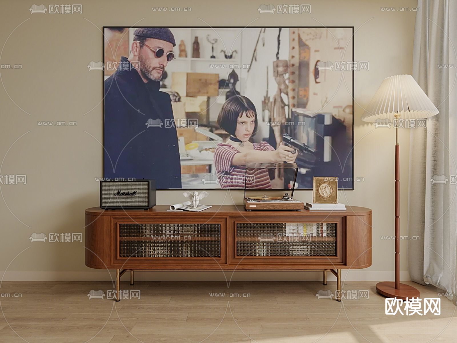 中古风实木电视柜su模型下载（渲染图1）