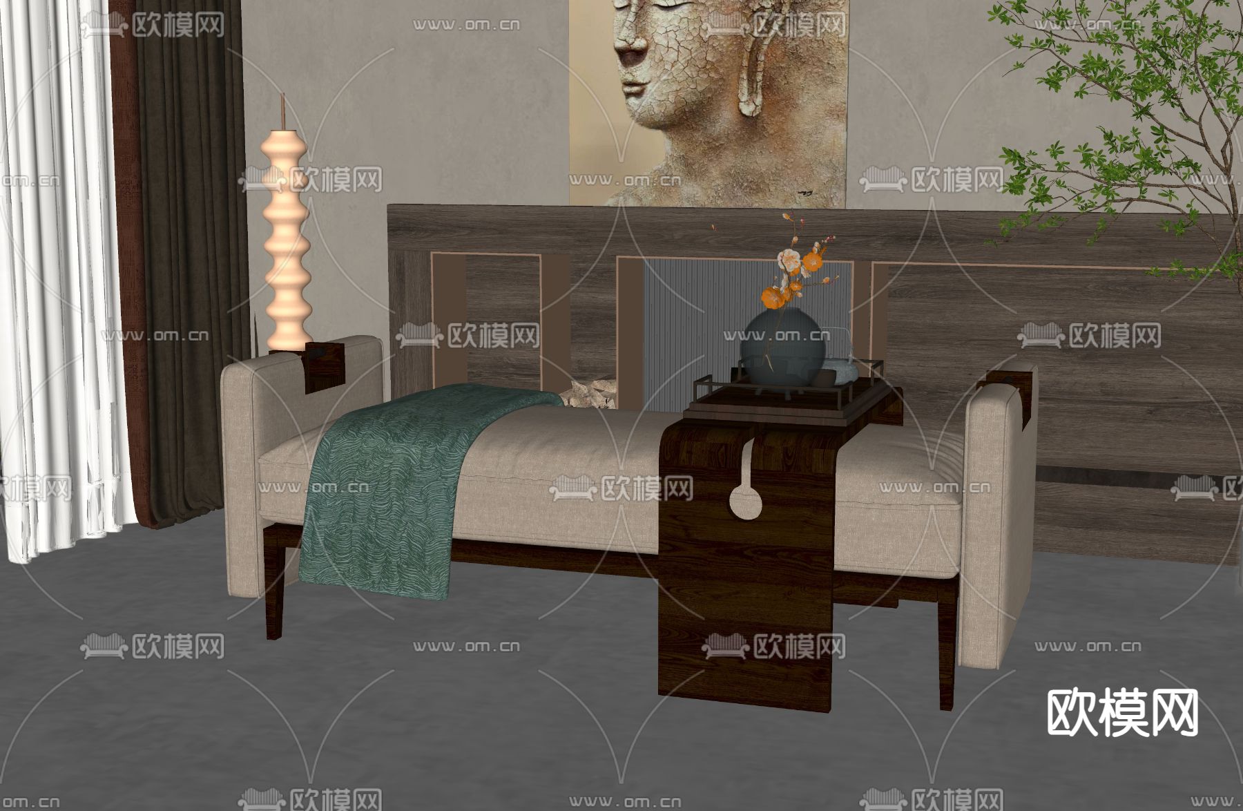 新中式床尾凳su模型下载（渲染图2）