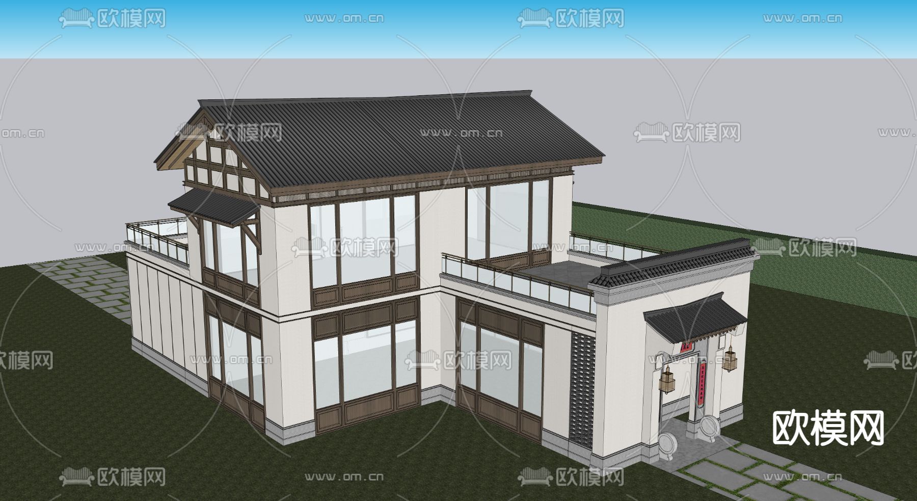 新中式独栋别墅su模型下载（渲染图3）