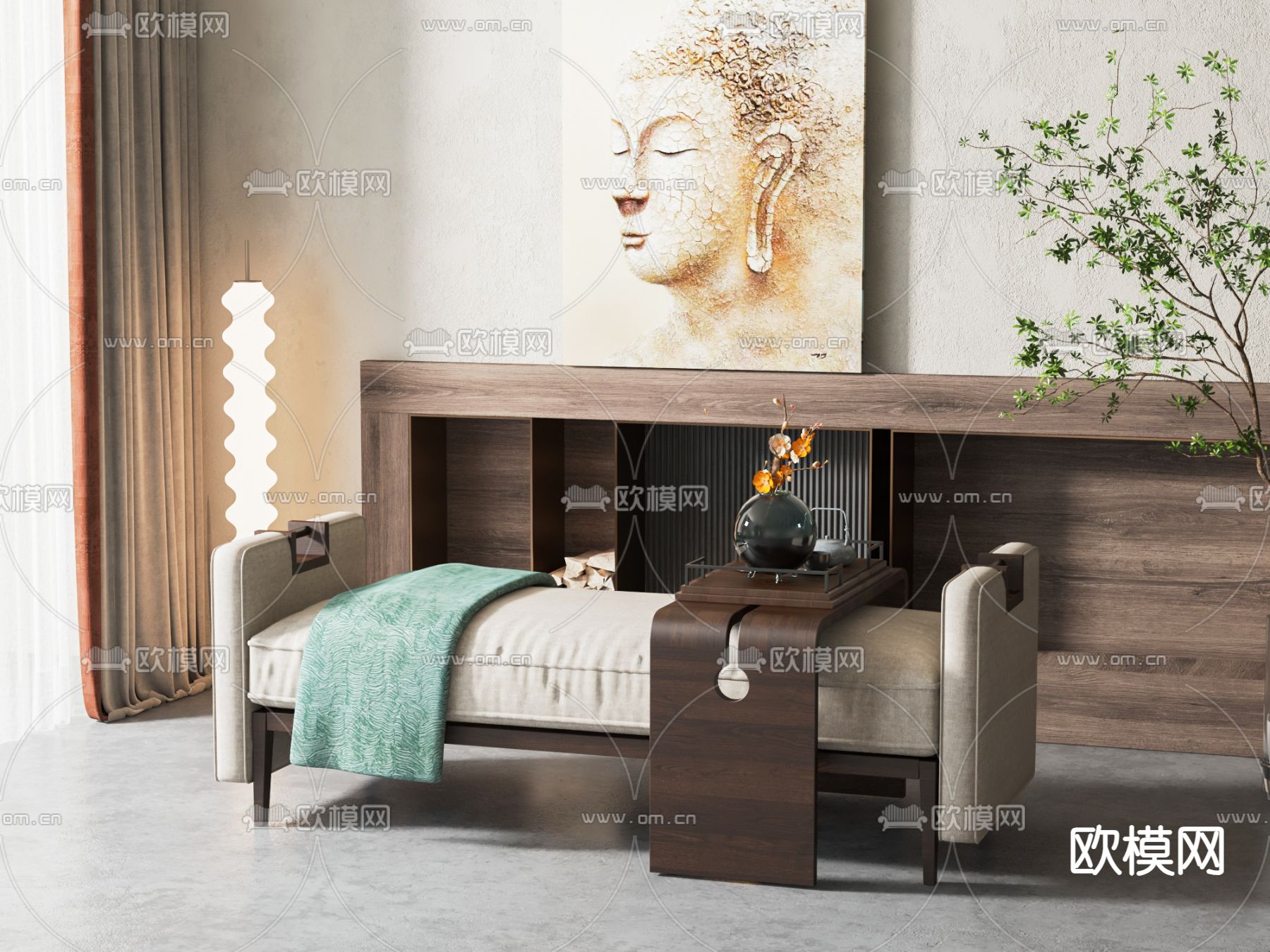 新中式床尾凳su模型下载（渲染图1）