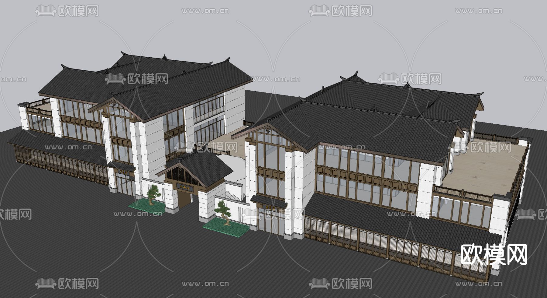 新中式双拼别墅su模型下载（渲染图4）