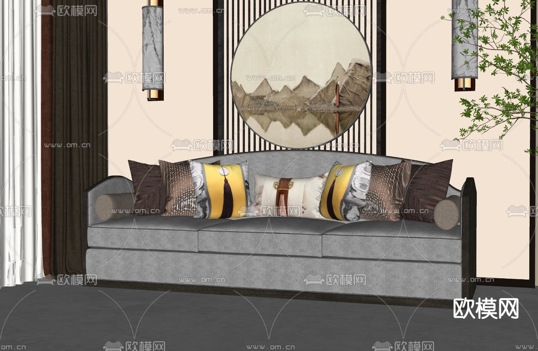 新中式多人沙发su模型下载（渲染图2）