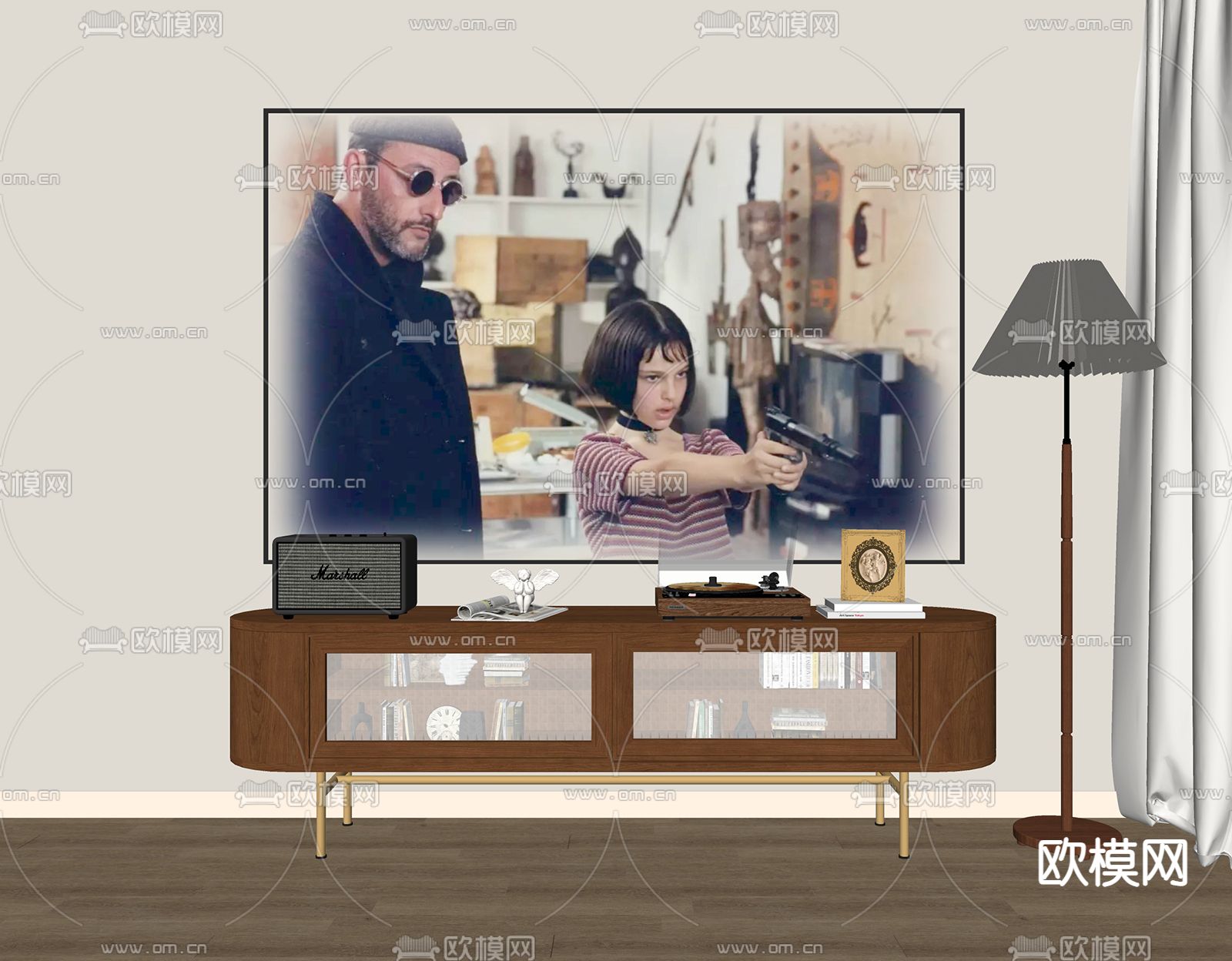 中古风实木电视柜su模型下载（渲染图2）
