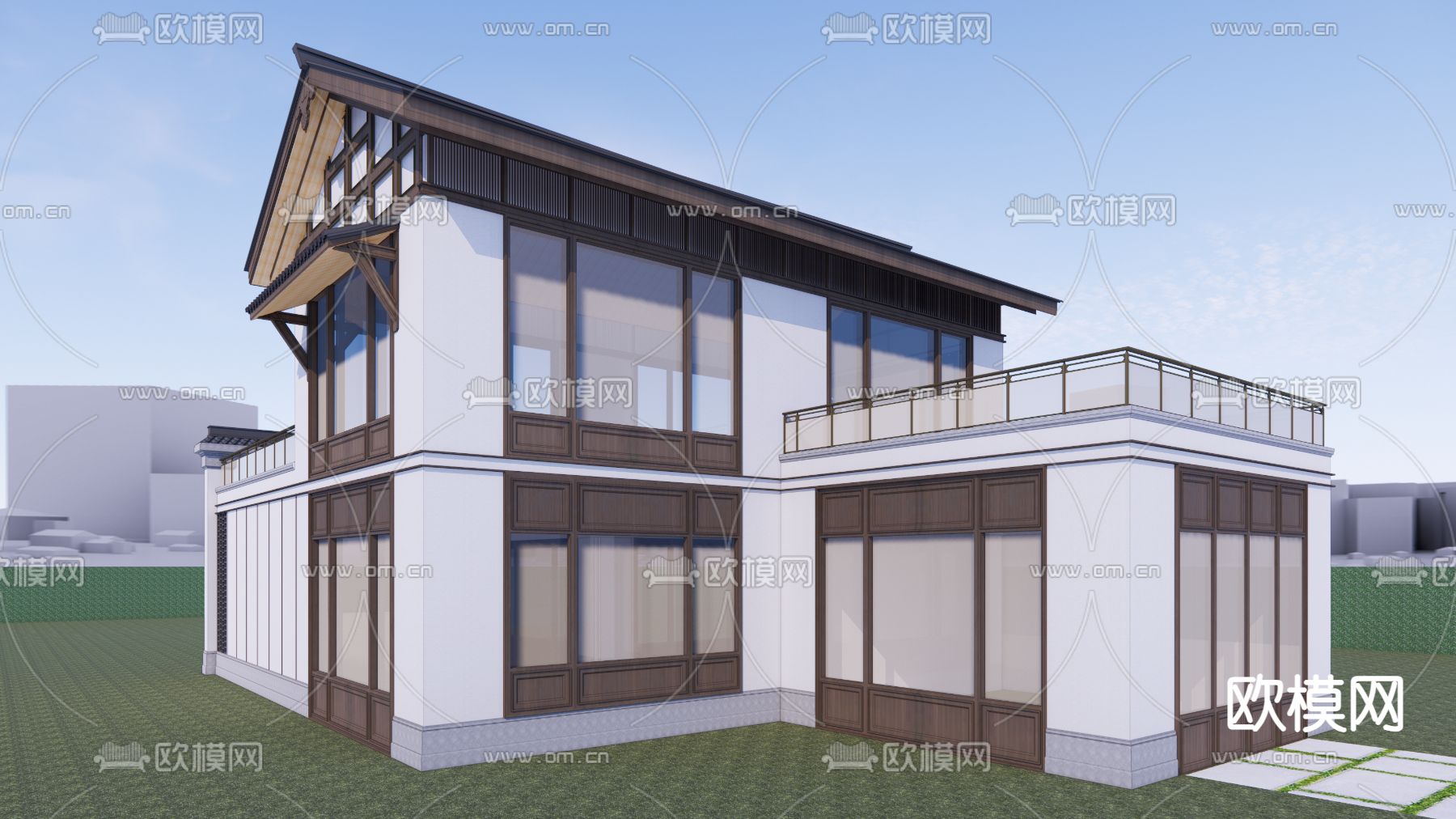 新中式独栋别墅su模型下载（渲染图4）