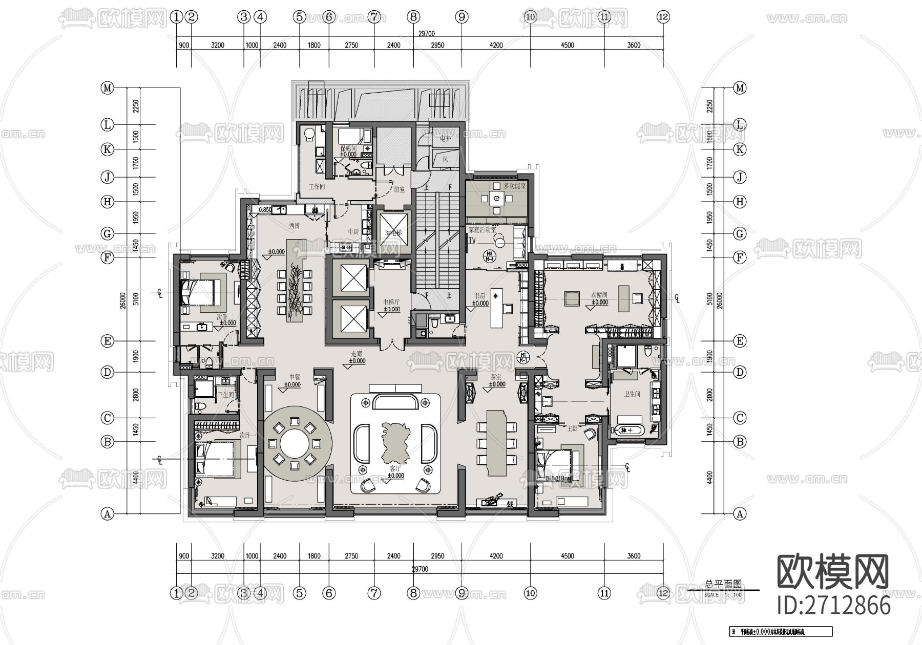 500㎡家装大平层cad施工图下载（渲染图1）