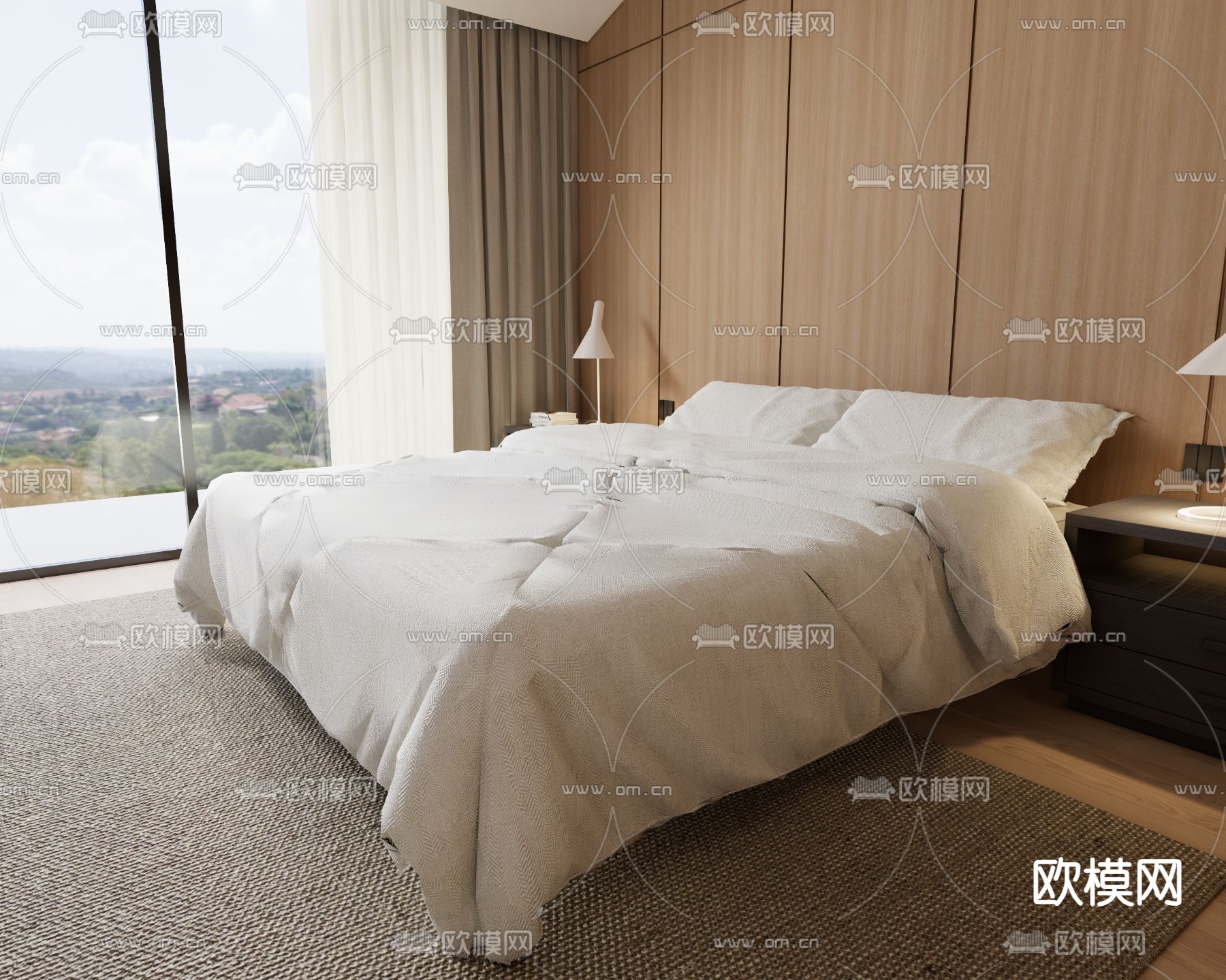 现代双人床su模型下载（渲染图1）