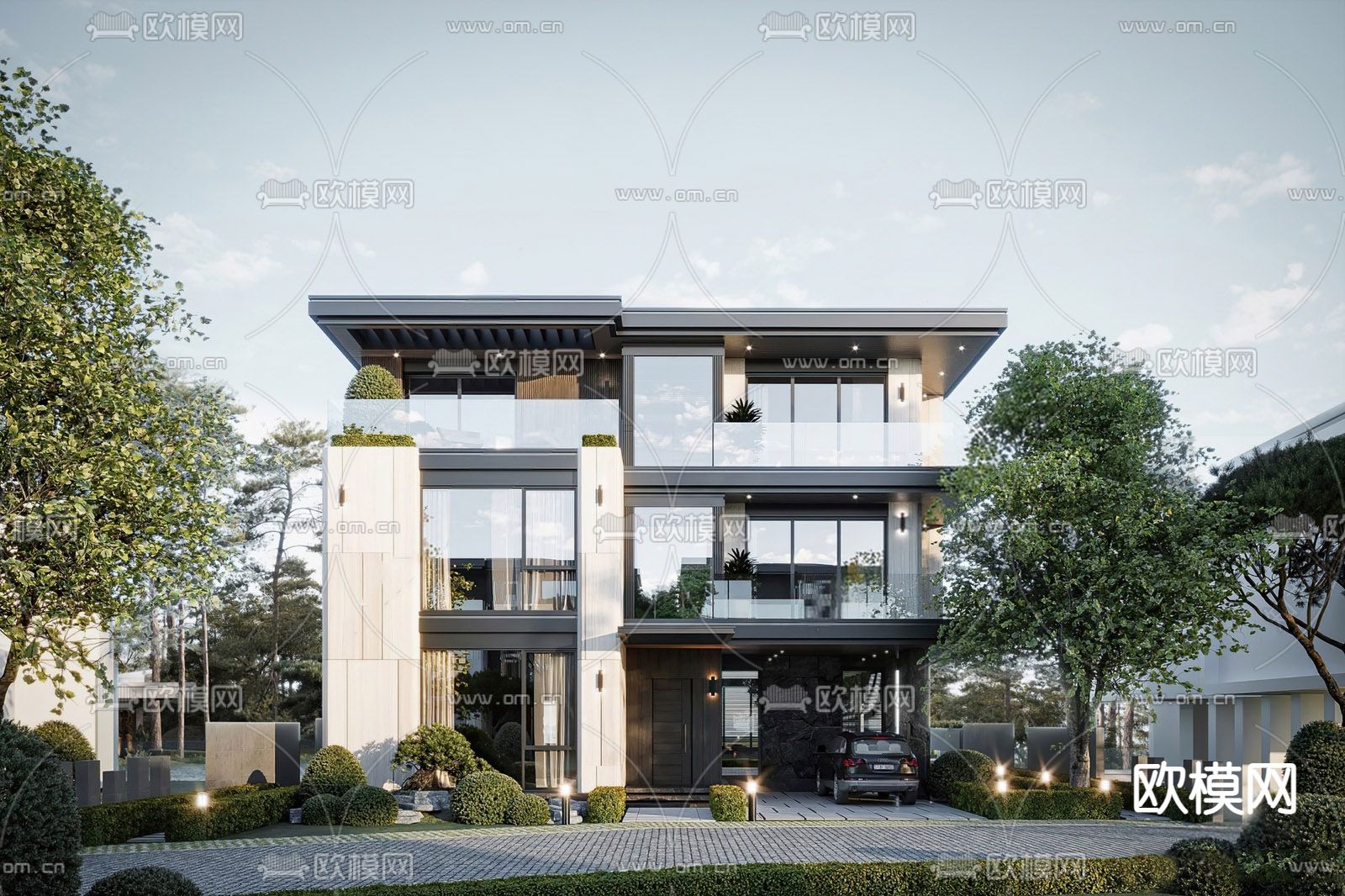 现代独栋别墅su模型下载（渲染图1）