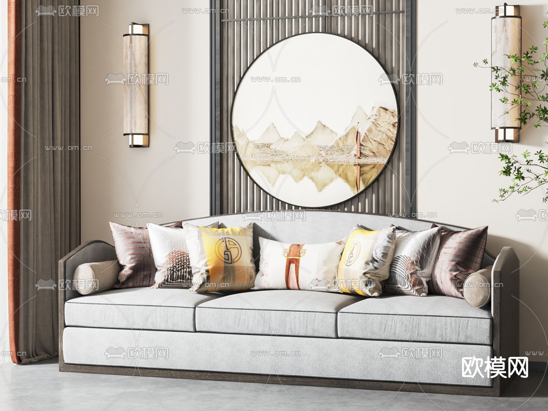 新中式多人沙发su模型下载（渲染图1）