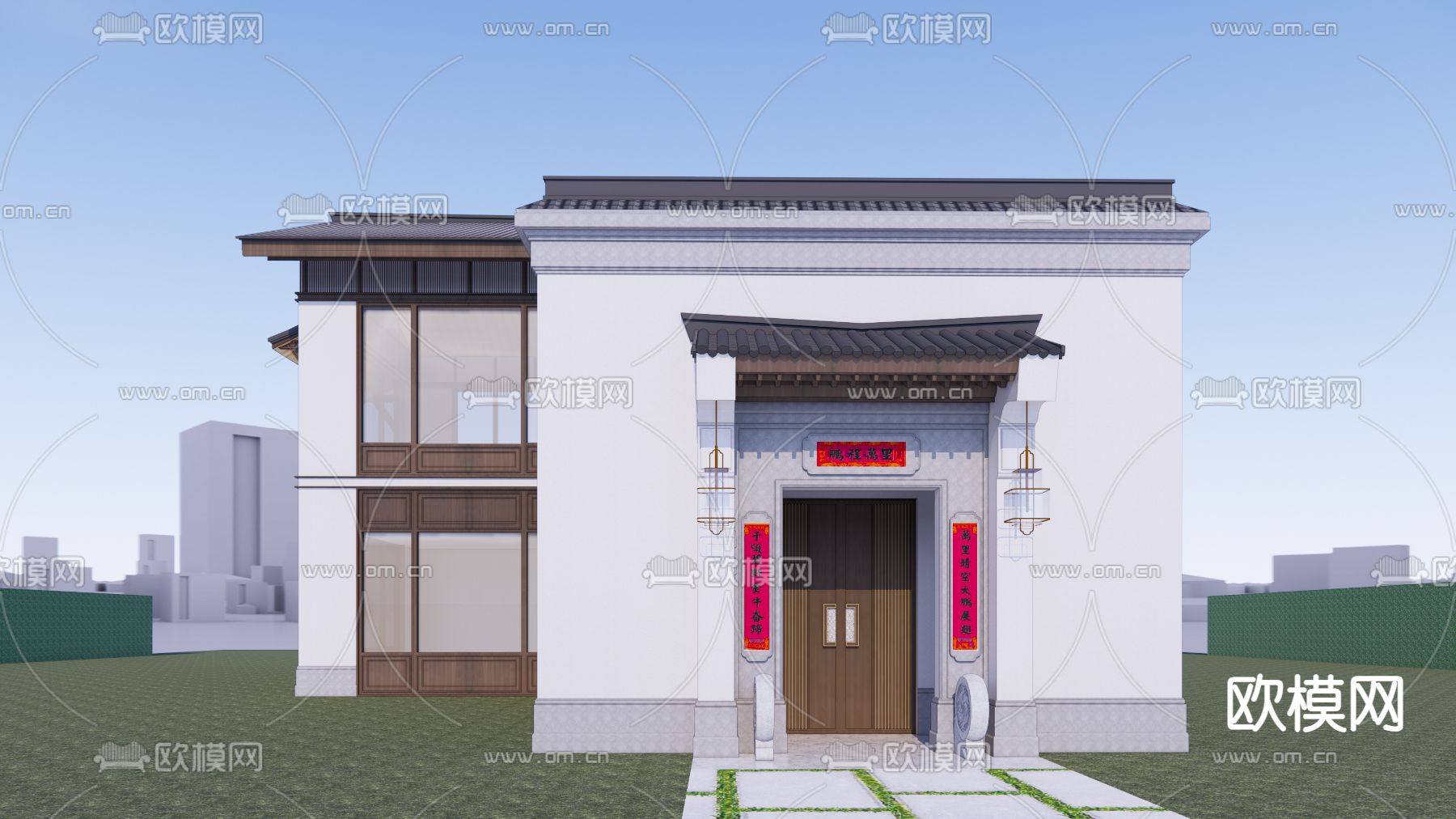 新中式独栋别墅su模型下载（渲染图1）