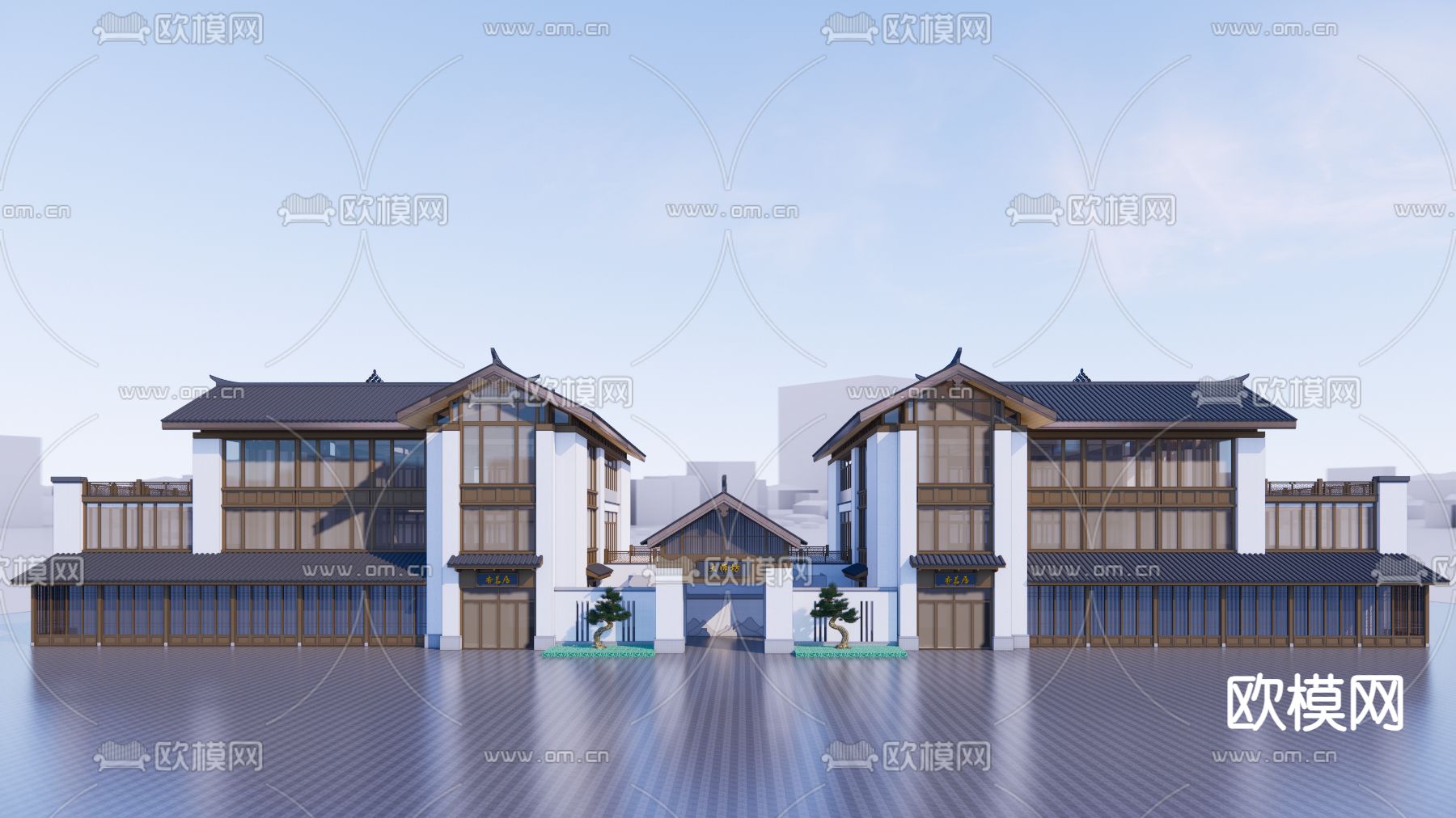 新中式双拼别墅su模型下载（渲染图1）