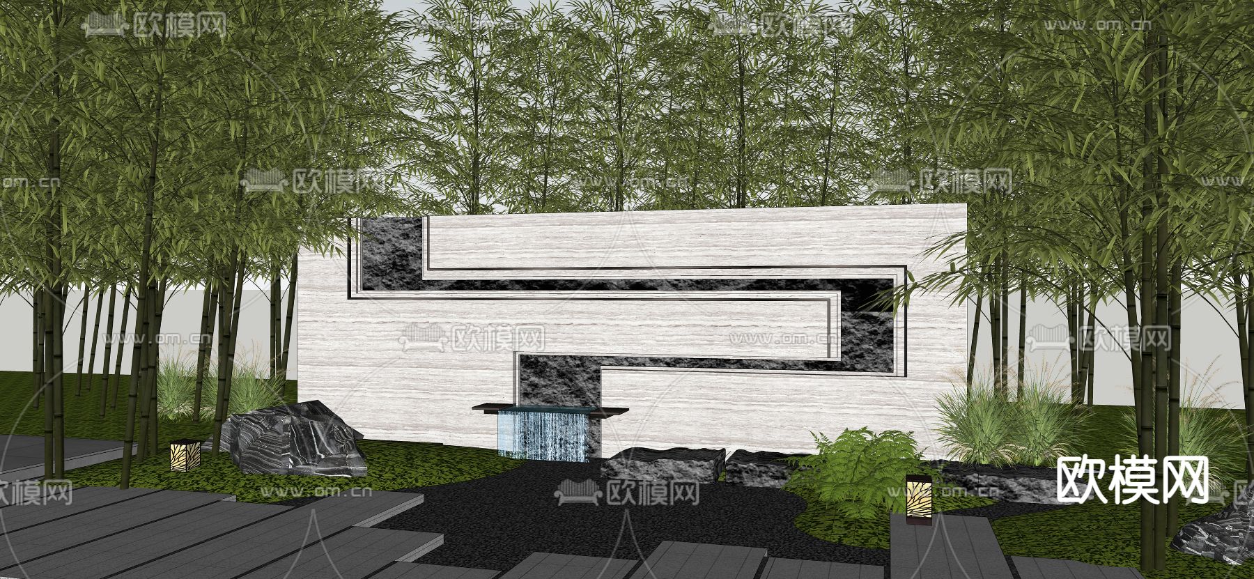 新中式景墙园艺小品su模型