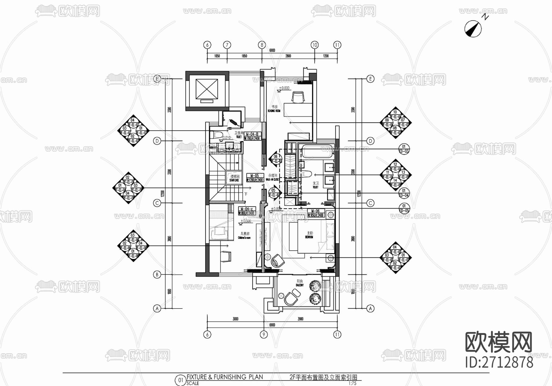 叠墅样板房室内cad施工图下载（渲染图1）