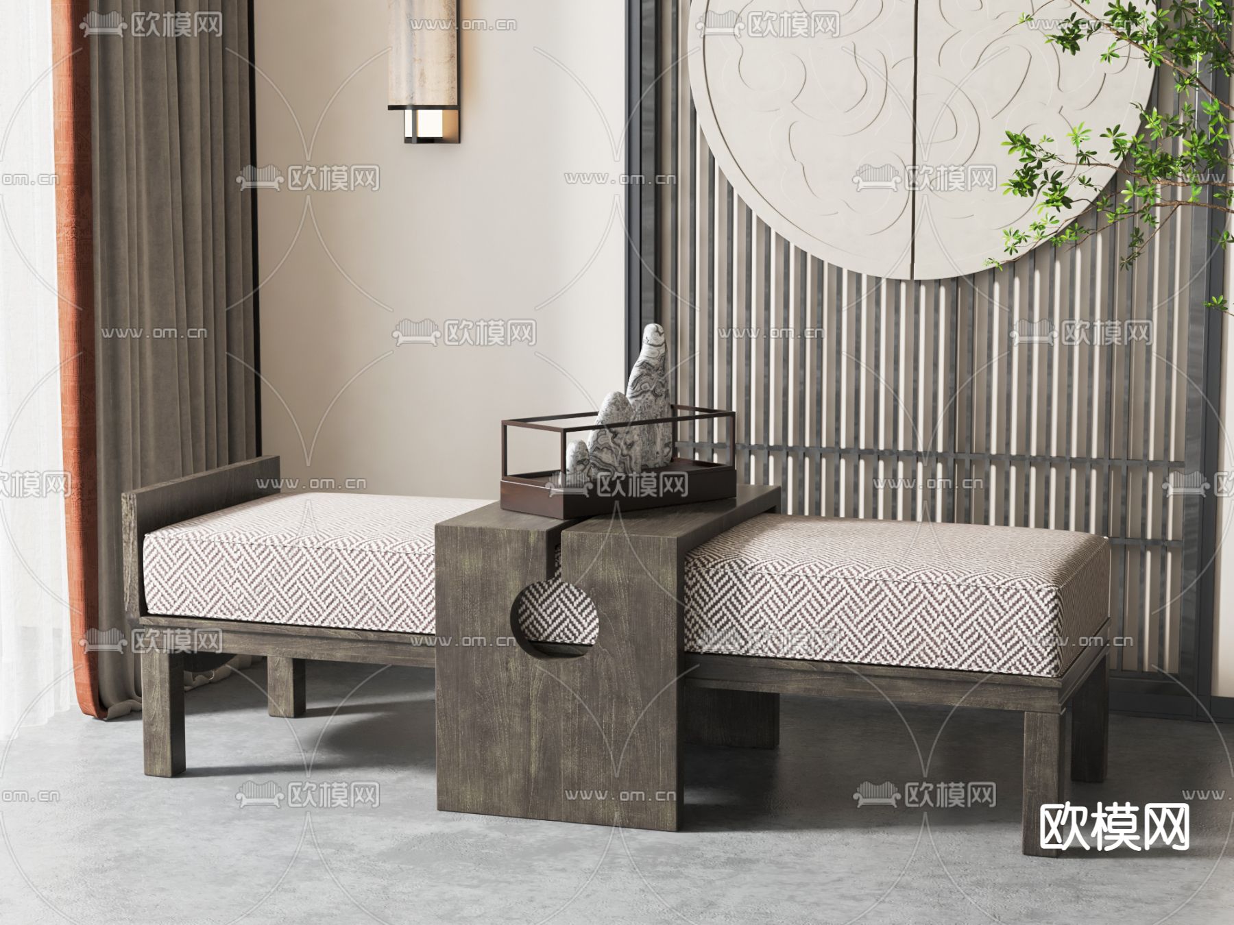新中式沙发凳su模型下载（渲染图1）