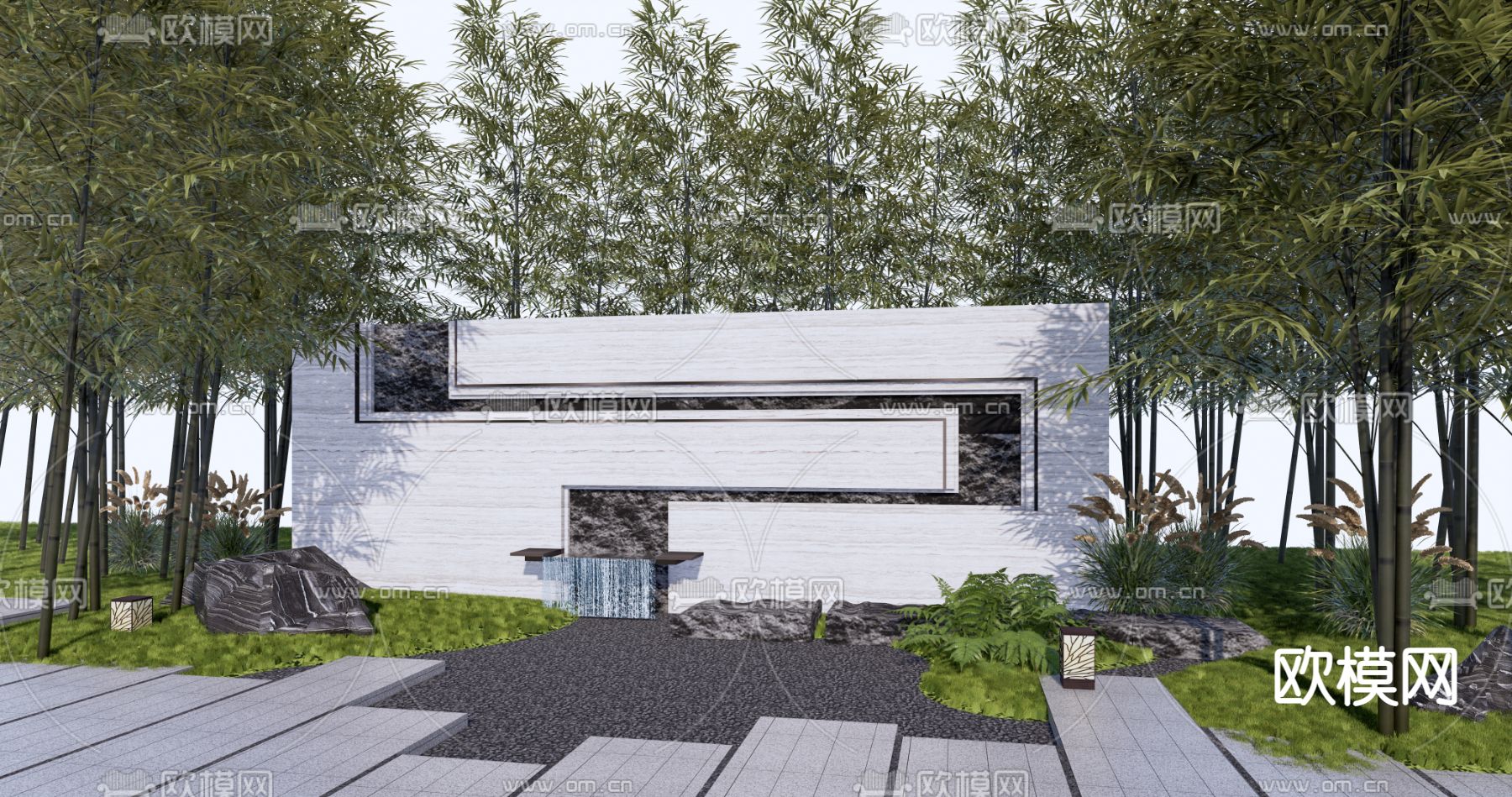 新中式景墙园艺小品su模型