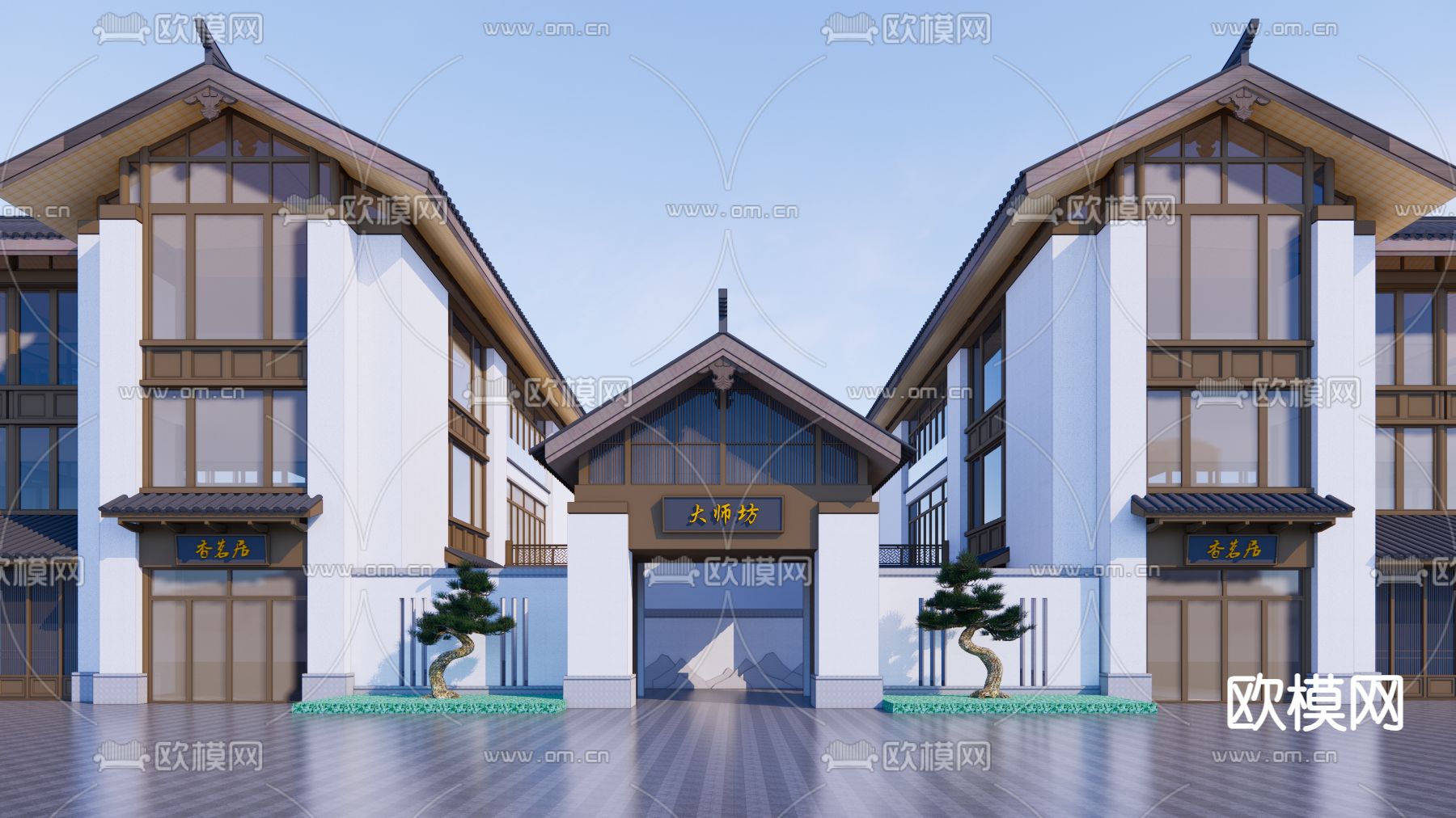 新中式双拼别墅su模型下载（渲染图3）