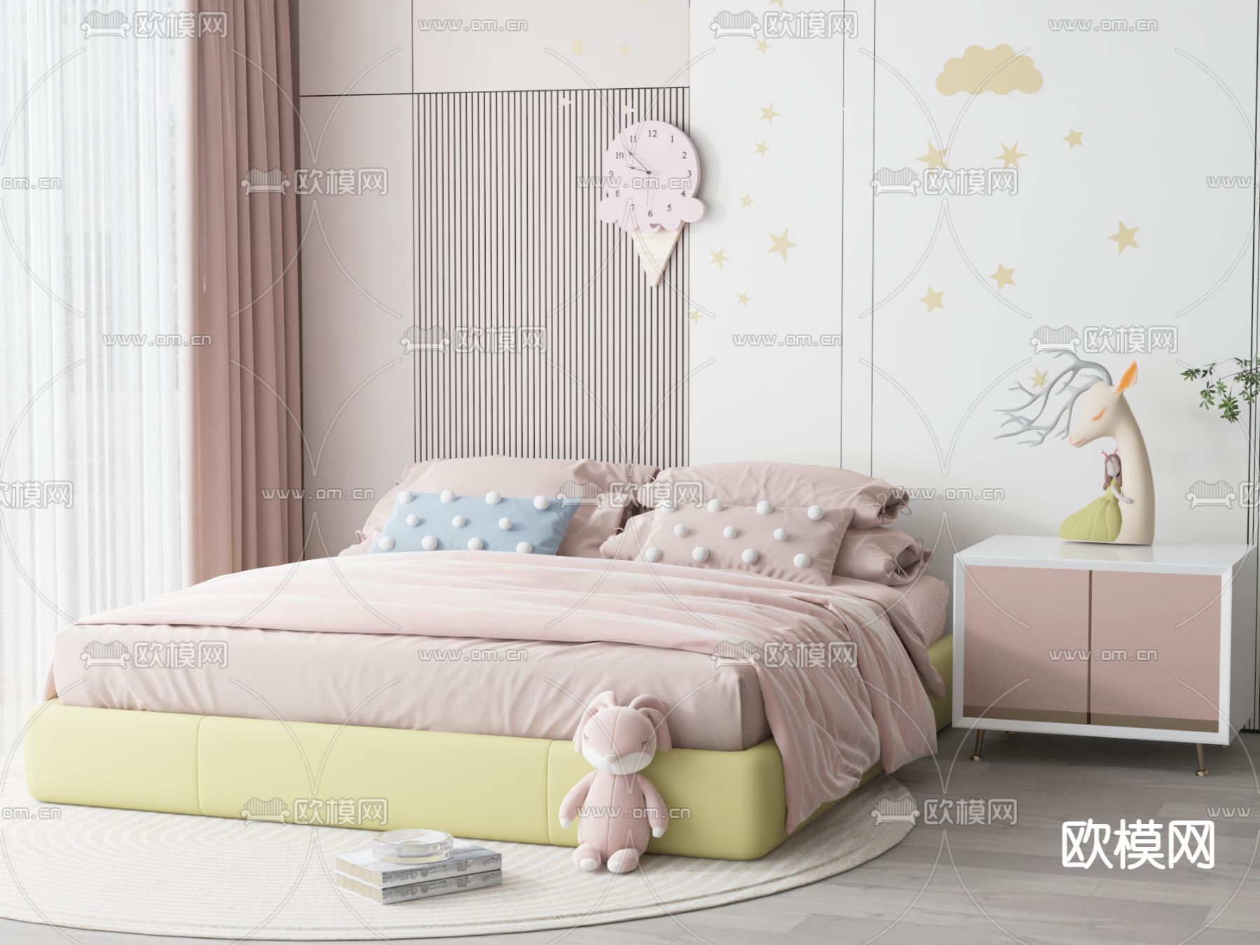 现代儿童床su模型下载（渲染图1）