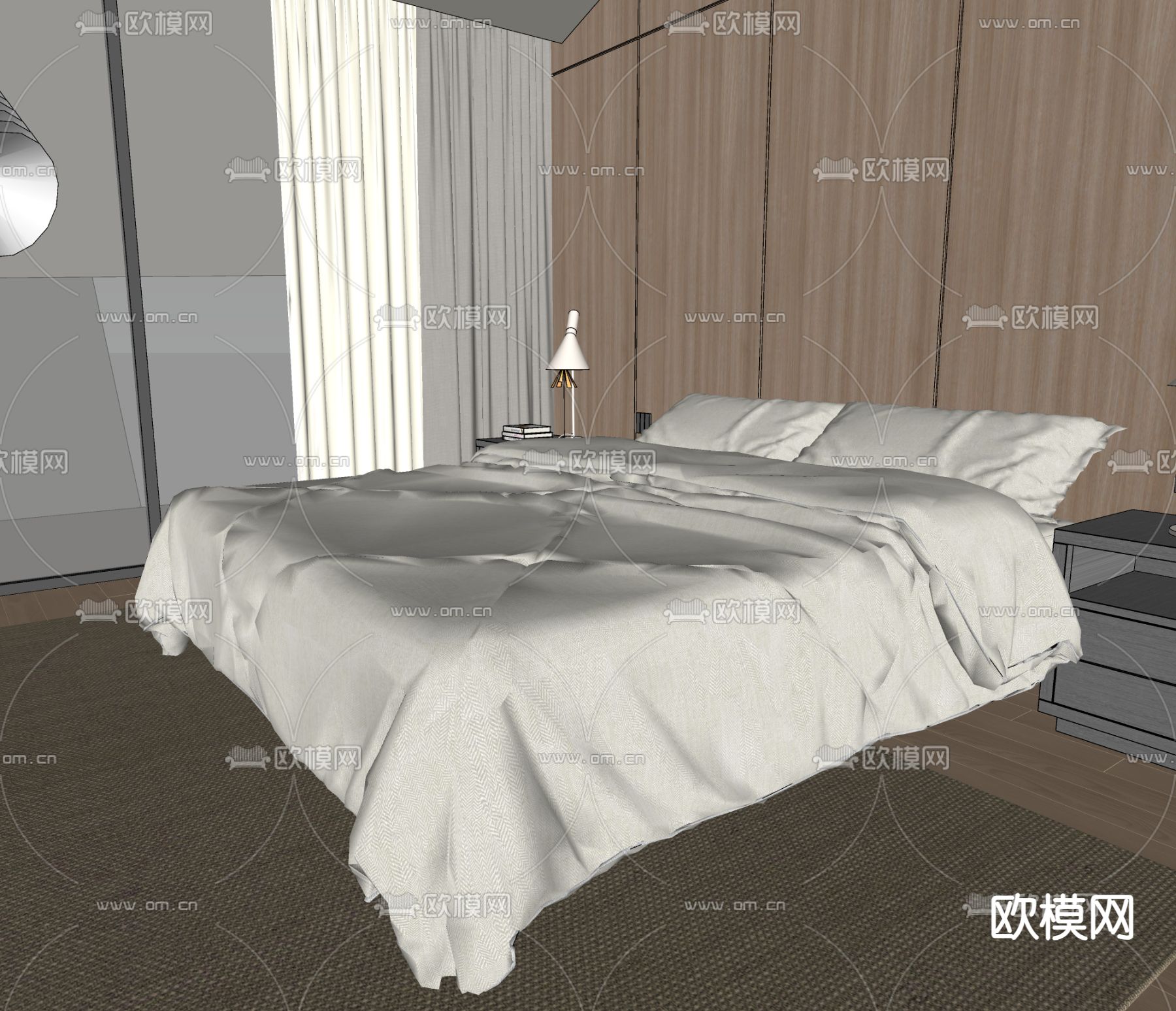 现代双人床su模型下载（渲染图2）