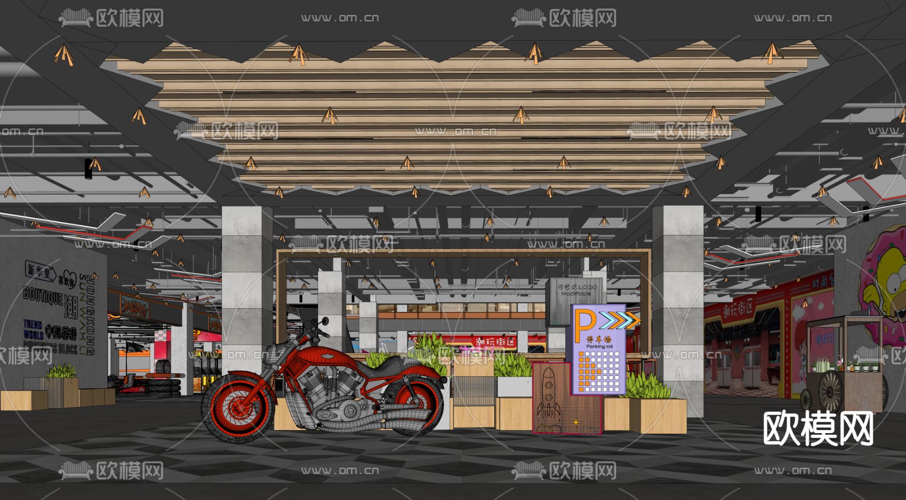 工业风商场美陈 展示公区su模型下载（渲染图2）