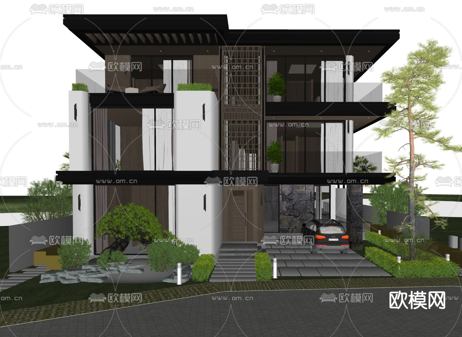 现代独栋别墅su模型下载（渲染图3）