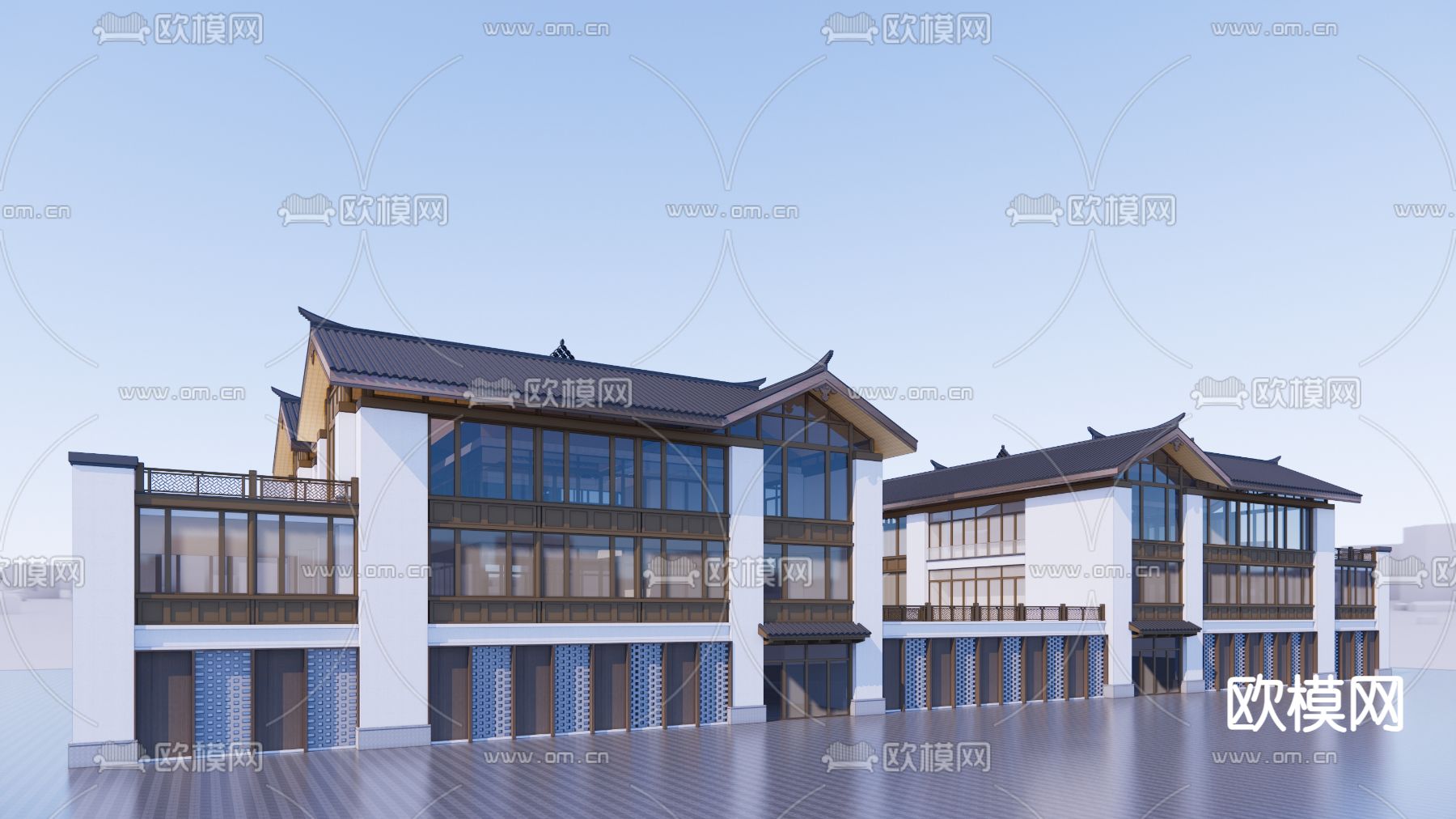 新中式双拼别墅su模型下载（渲染图2）