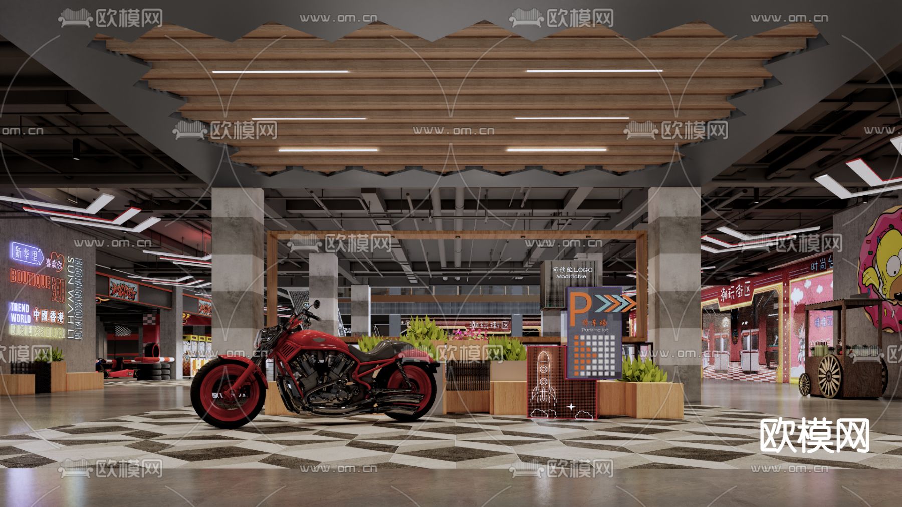 工业风商场美陈 展示公区su模型下载（渲染图1）