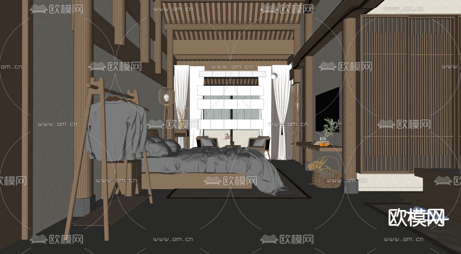 新中式民宿 客房su模型