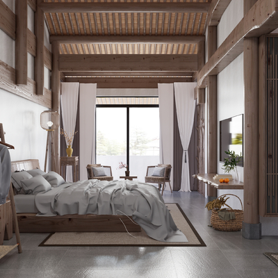 新中式民宿 客房su模型